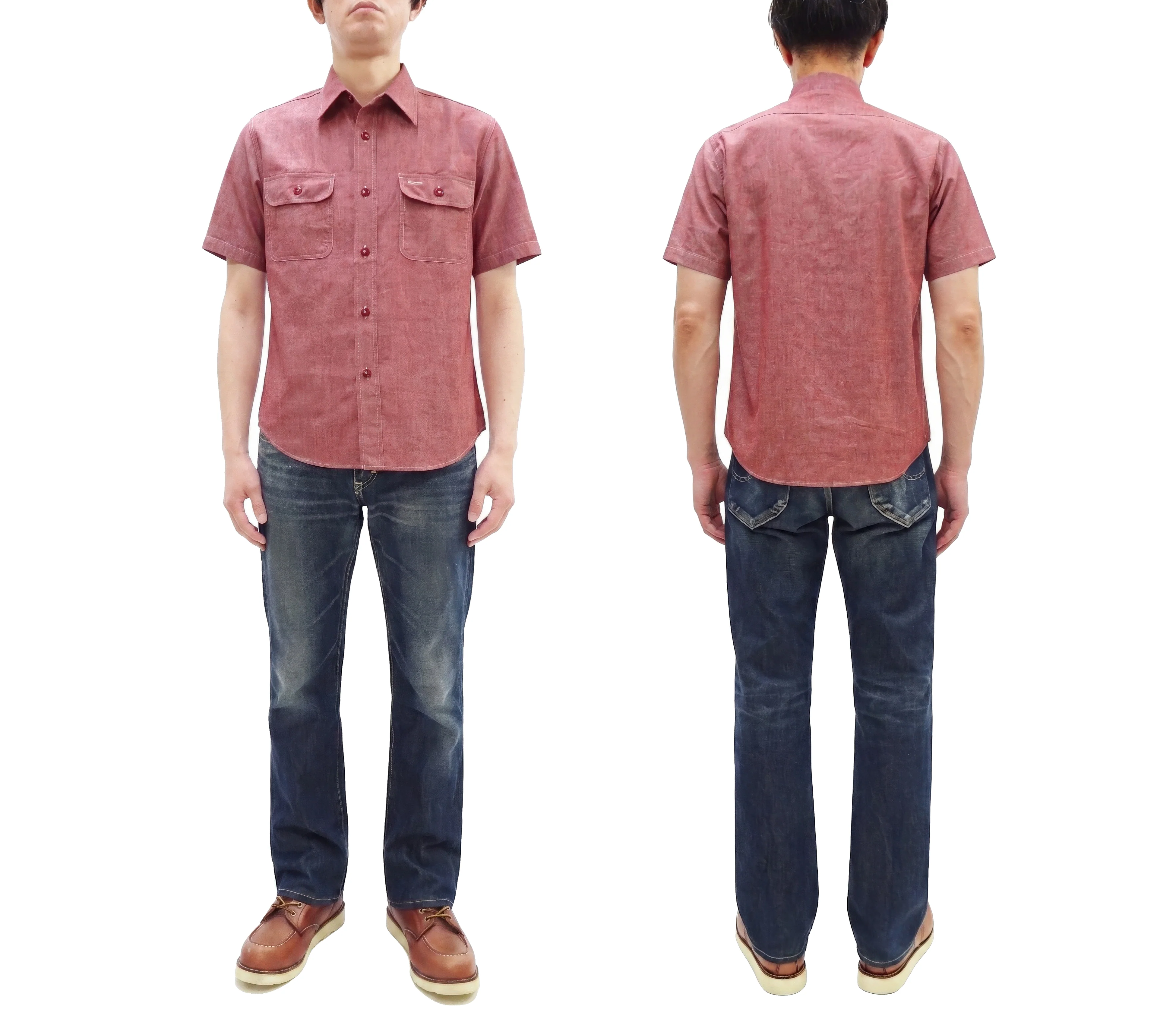 Sugar Cane Red Chambray Work Shirt Men's Short Sleeve Cotton Button-Up Shirt Made in Japan (SC39703 / 461A Red / One-Wash) - Image 3