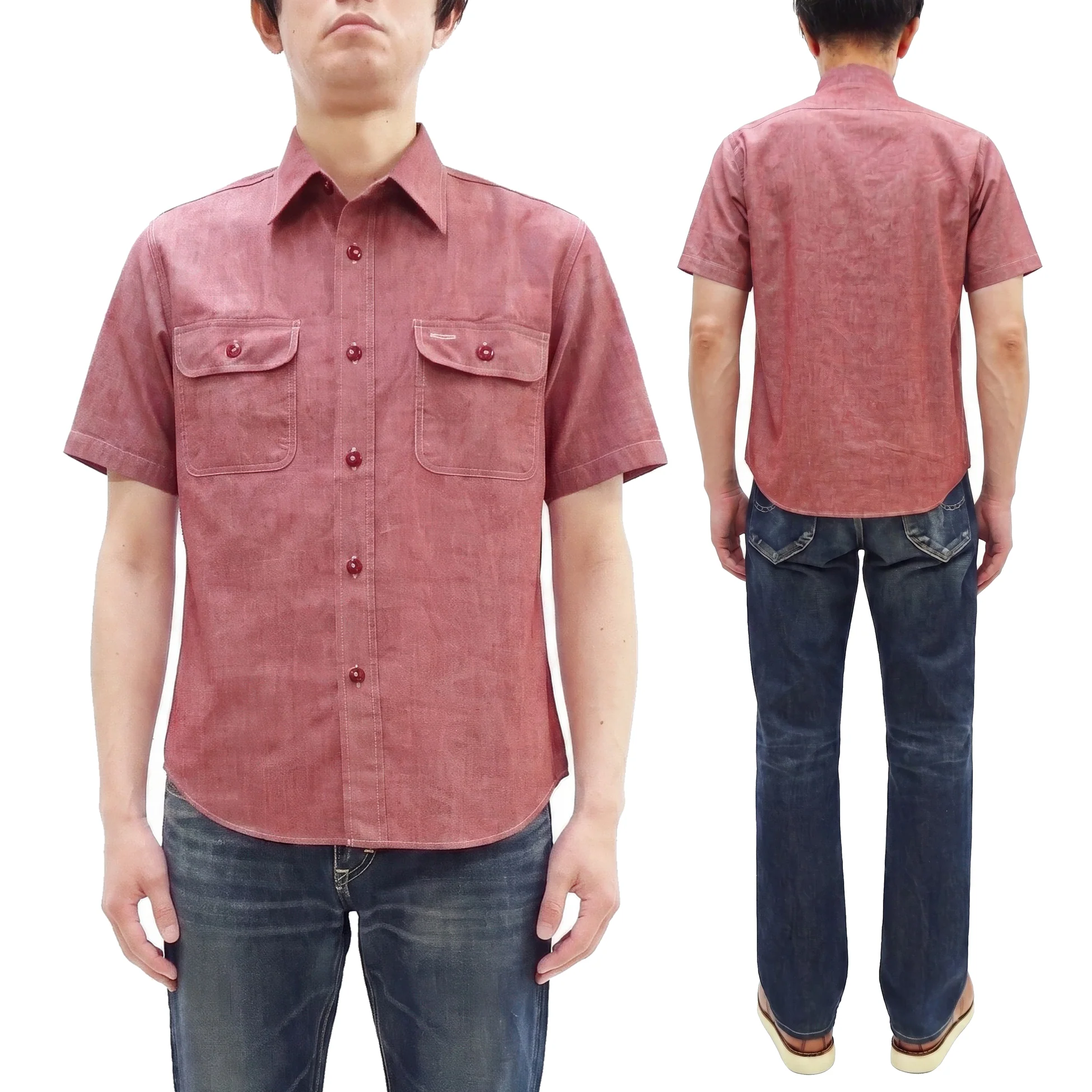 Sugar Cane Red Chambray Work Shirt Men's Short Sleeve Cotton Button-Up Shirt Made in Japan (SC39703 / 461A Red / One-Wash) - Image 4