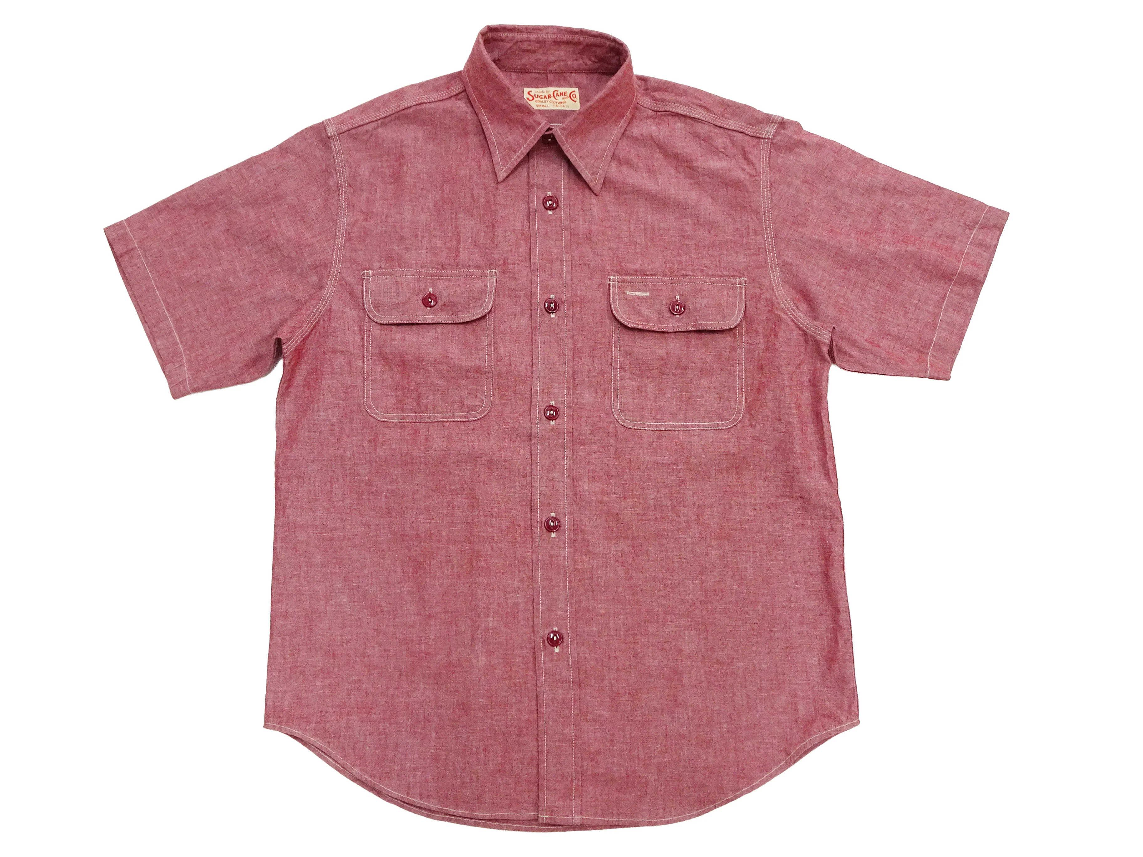 Sugar Cane Red Chambray Work Shirt Men's Short Sleeve Cotton Button-Up Shirt Made in Japan (SC39703 / 461A Red / One-Wash) - Image 5
