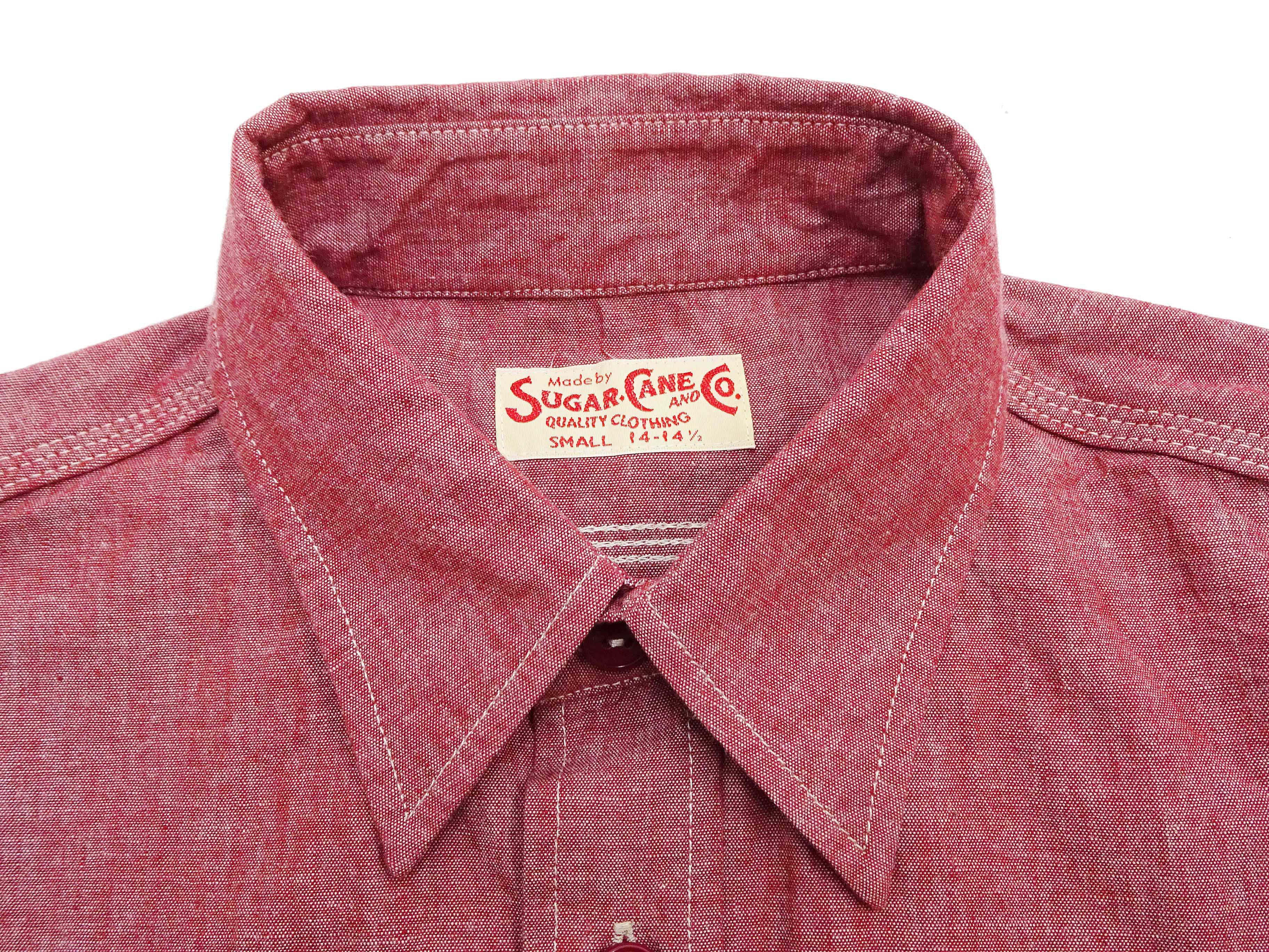 Sugar Cane Red Chambray Work Shirt Men's Short Sleeve Cotton Button-Up Shirt Made in Japan (SC39703 / 461A Red / One-Wash) - Image 7