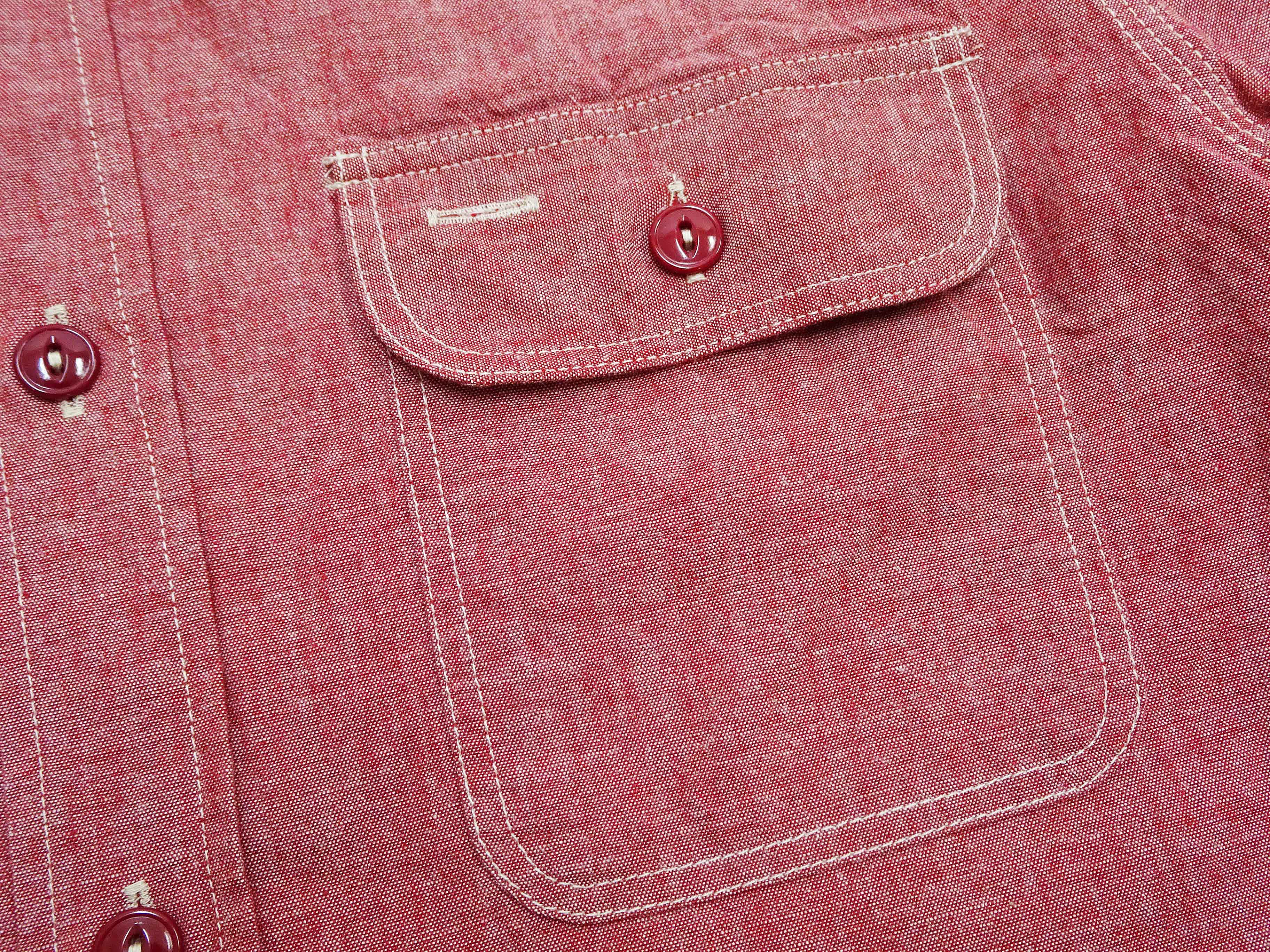 Sugar Cane Red Chambray Work Shirt Men's Short Sleeve Cotton Button-Up Shirt Made in Japan (SC39703 / 461A Red / One-Wash) - Image 8
