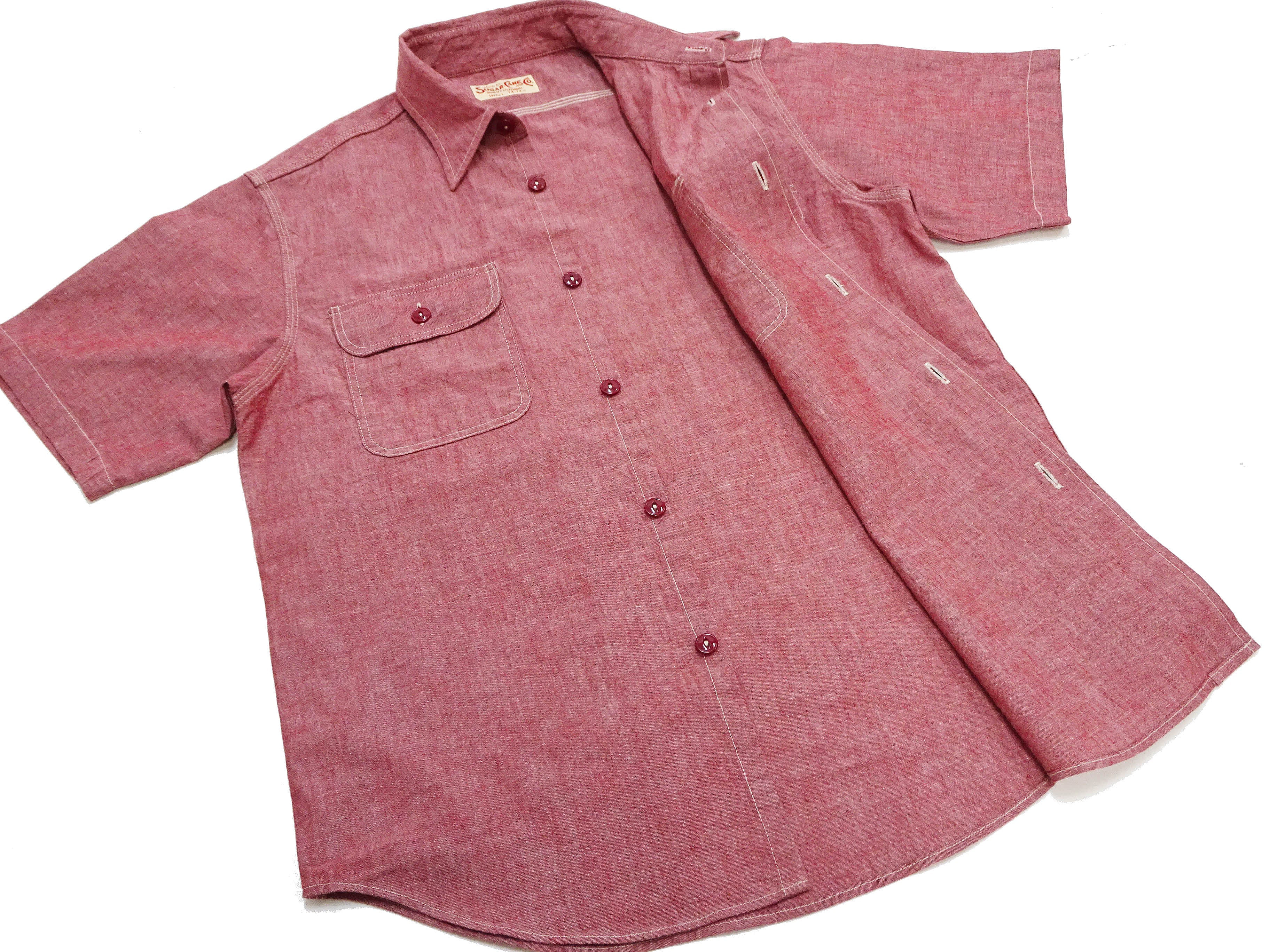 Sugar Cane Red Chambray Work Shirt Men's Short Sleeve Cotton Button-Up Shirt Made in Japan (SC39703 / 461A Red / One-Wash) - Image 9