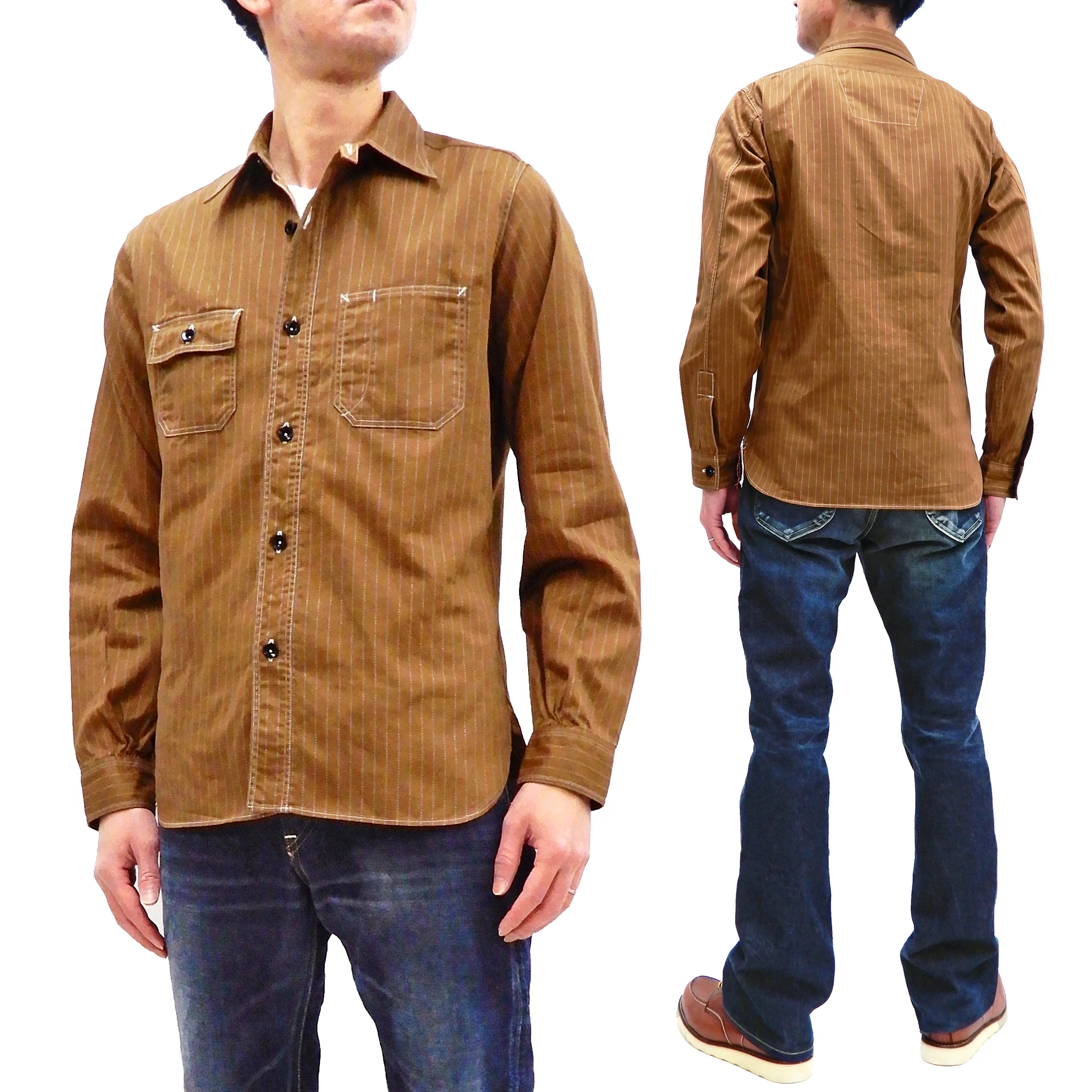 Sugar Cane Shirt Men's Brown Color Wabash Stripe Long Sleeve Work Shirt SC28516 - Image 4