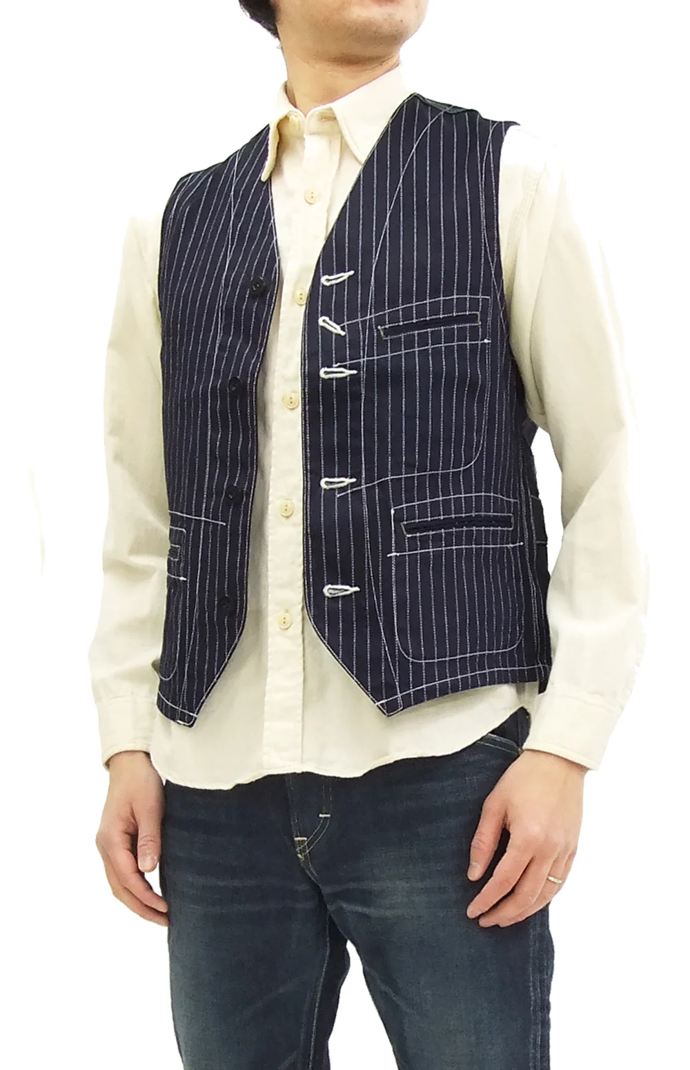 Sugar Cane Vest Men's Casual Indigo Wabash Stripe Work Vest Waistcoat SC12654 - Image 14