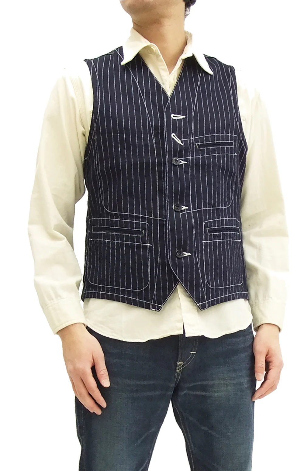 Sugar Cane Vest Men's Casual Indigo Wabash Stripe Work Vest Waistcoat SC12654 - Image 15