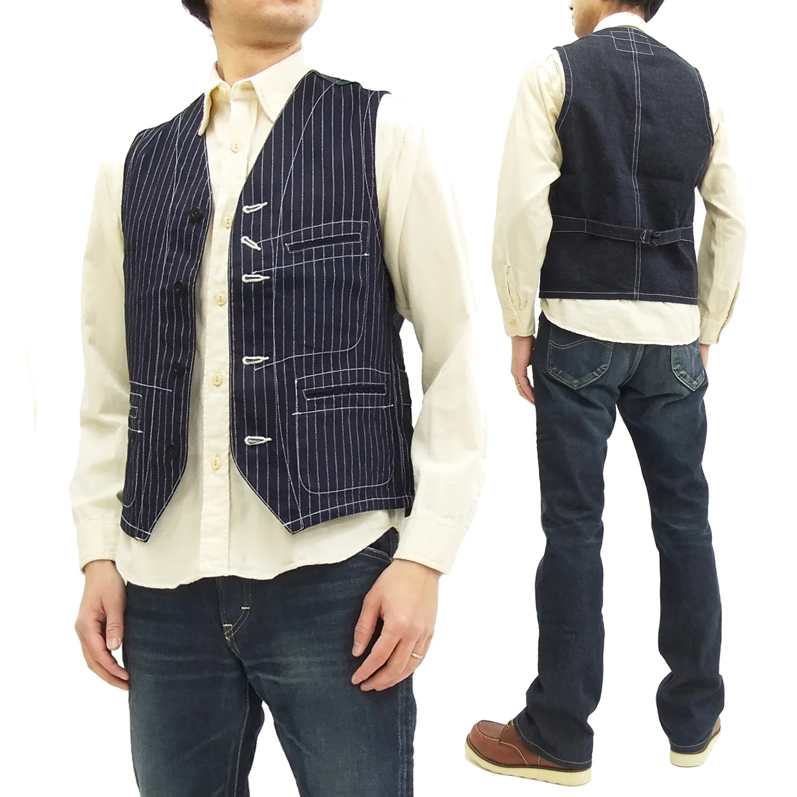 Sugar Cane Vest Men's Casual Indigo Wabash Stripe Work Vest Waistcoat SC12654 - Image 19