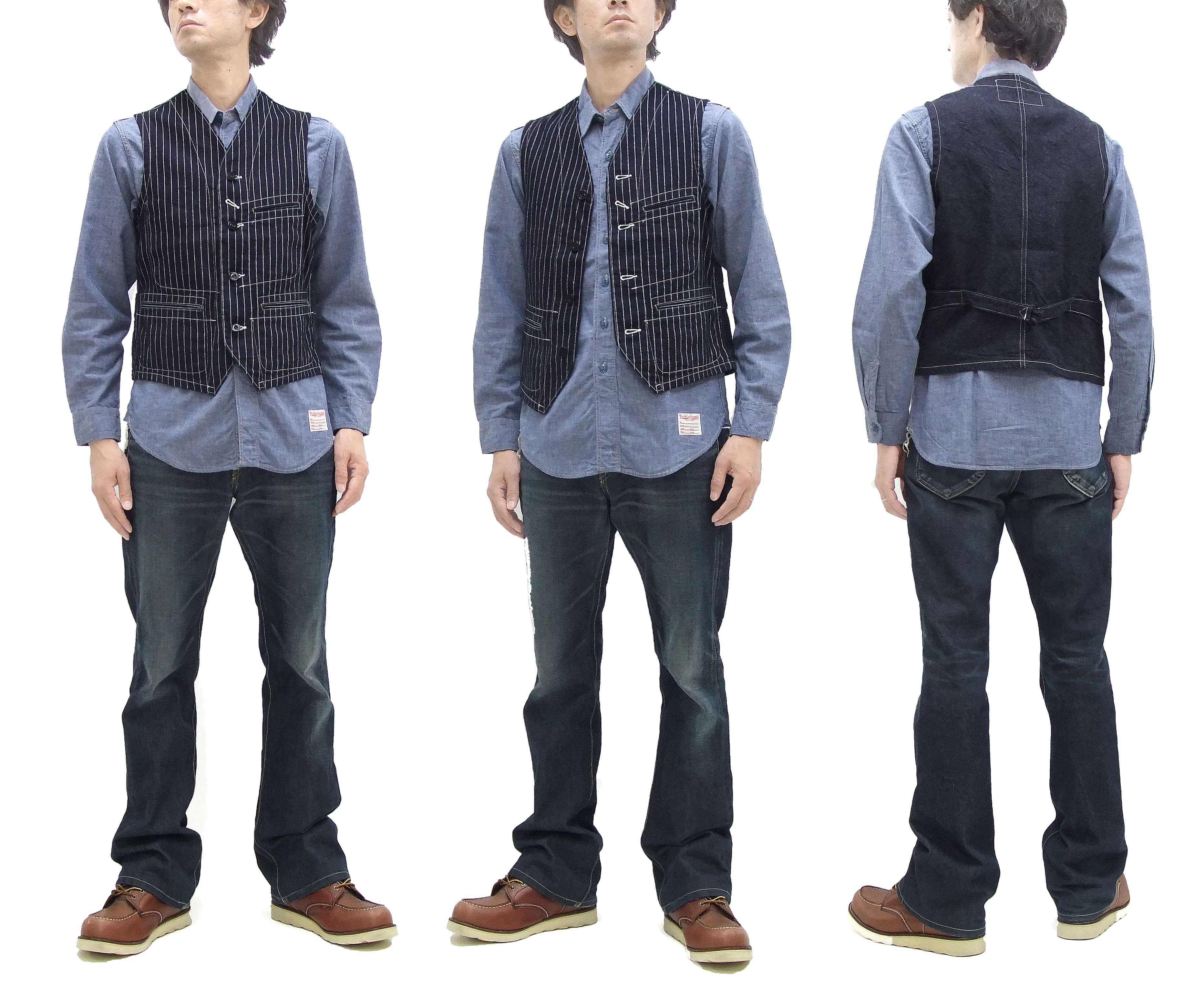 Sugar Cane Vest Men's Casual Indigo Wabash Stripe Work Vest Waistcoat SC12654 - Image 3