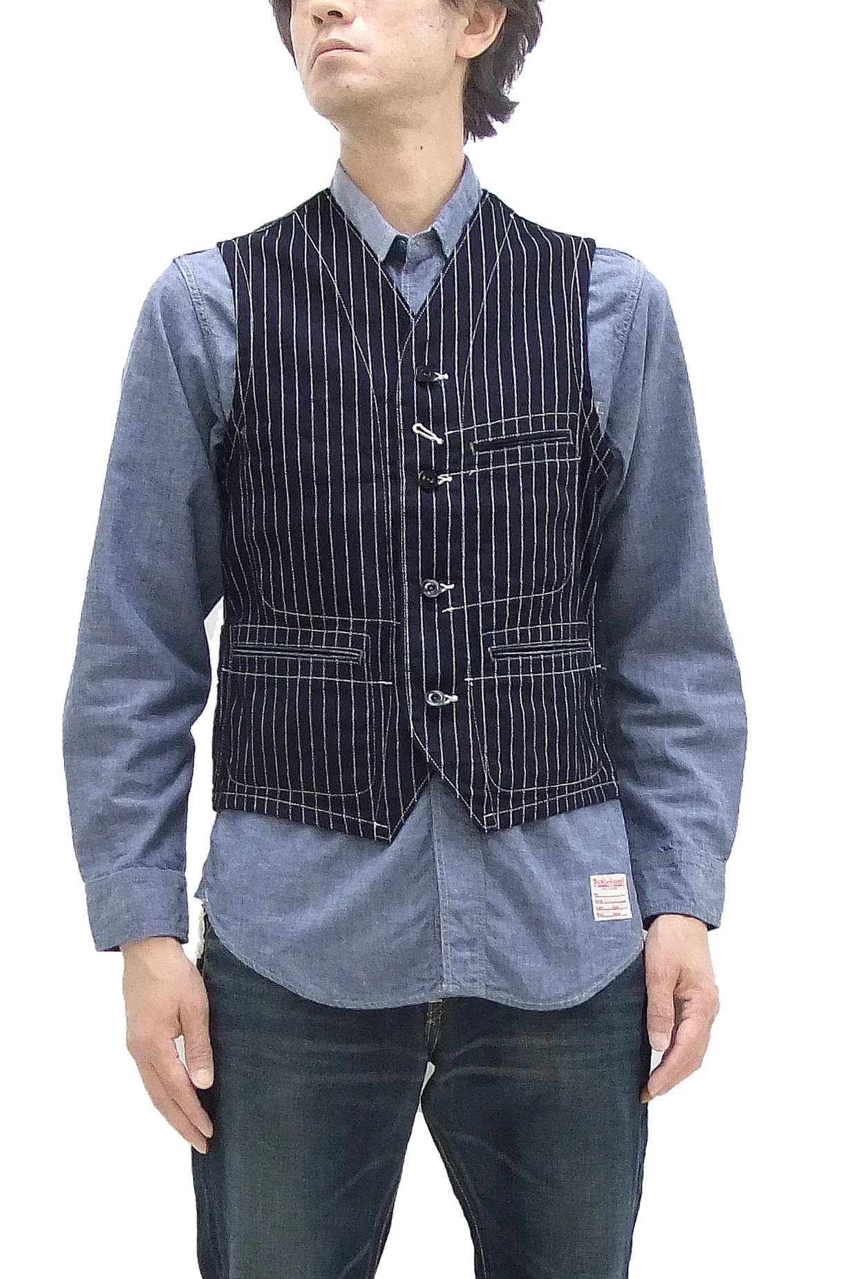Sugar Cane Vest Men's Casual Indigo Wabash Stripe Work Vest Waistcoat SC12654 - Image 4