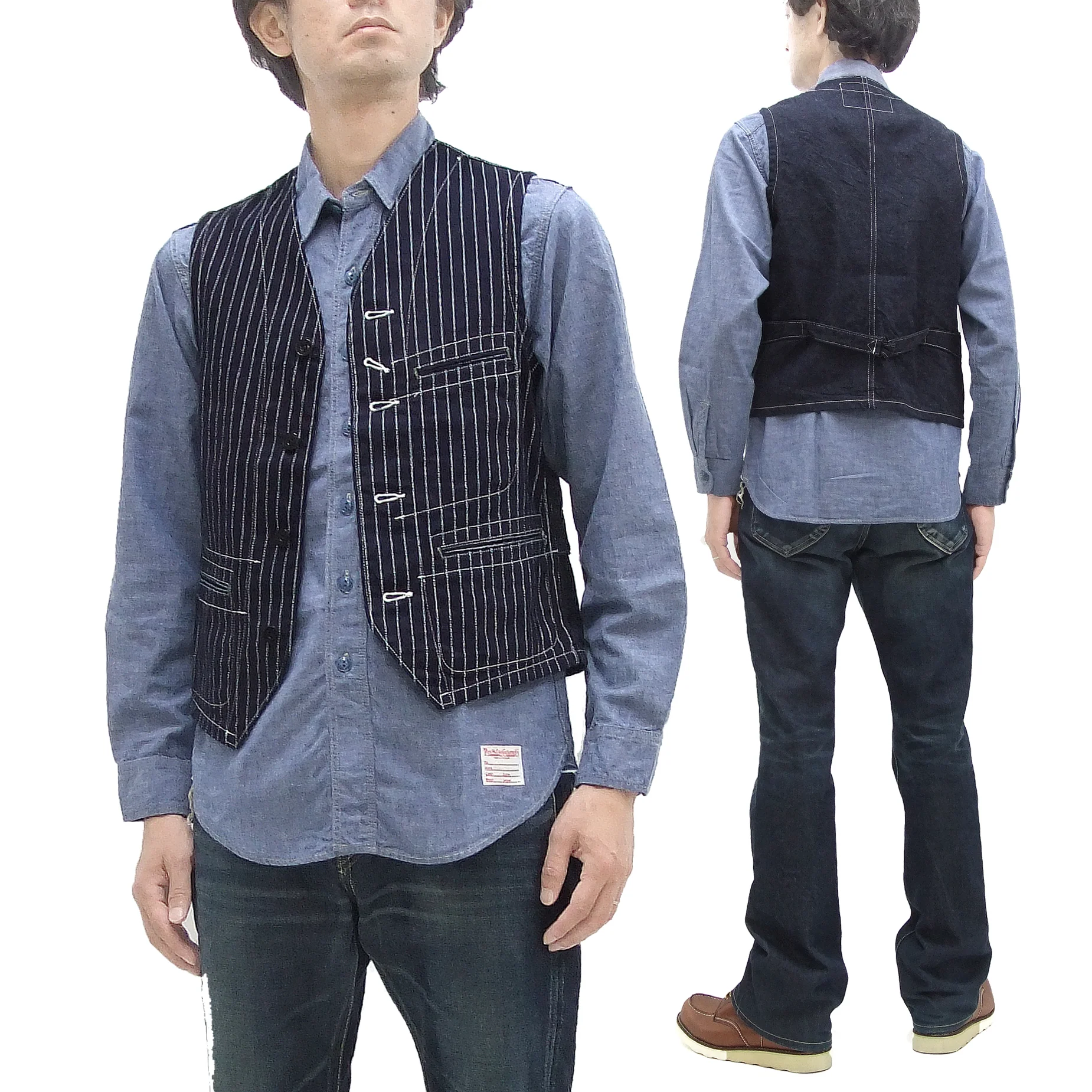 Sugar Cane Vest Men's Casual Indigo Wabash Stripe Work Vest Waistcoat SC12654 - Image 6