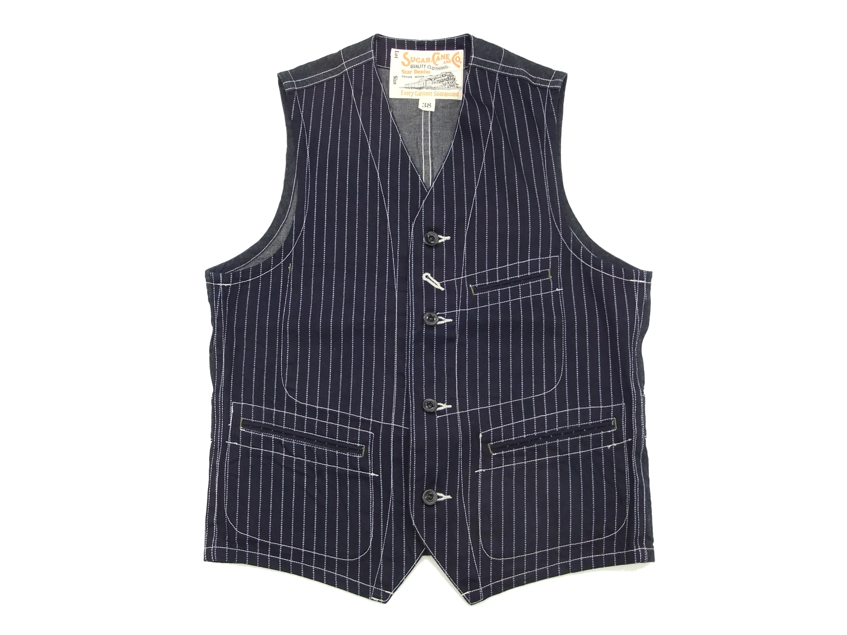 Sugar Cane Vest Men's Casual Indigo Wabash Stripe Work Vest Waistcoat SC12654 - Image 7