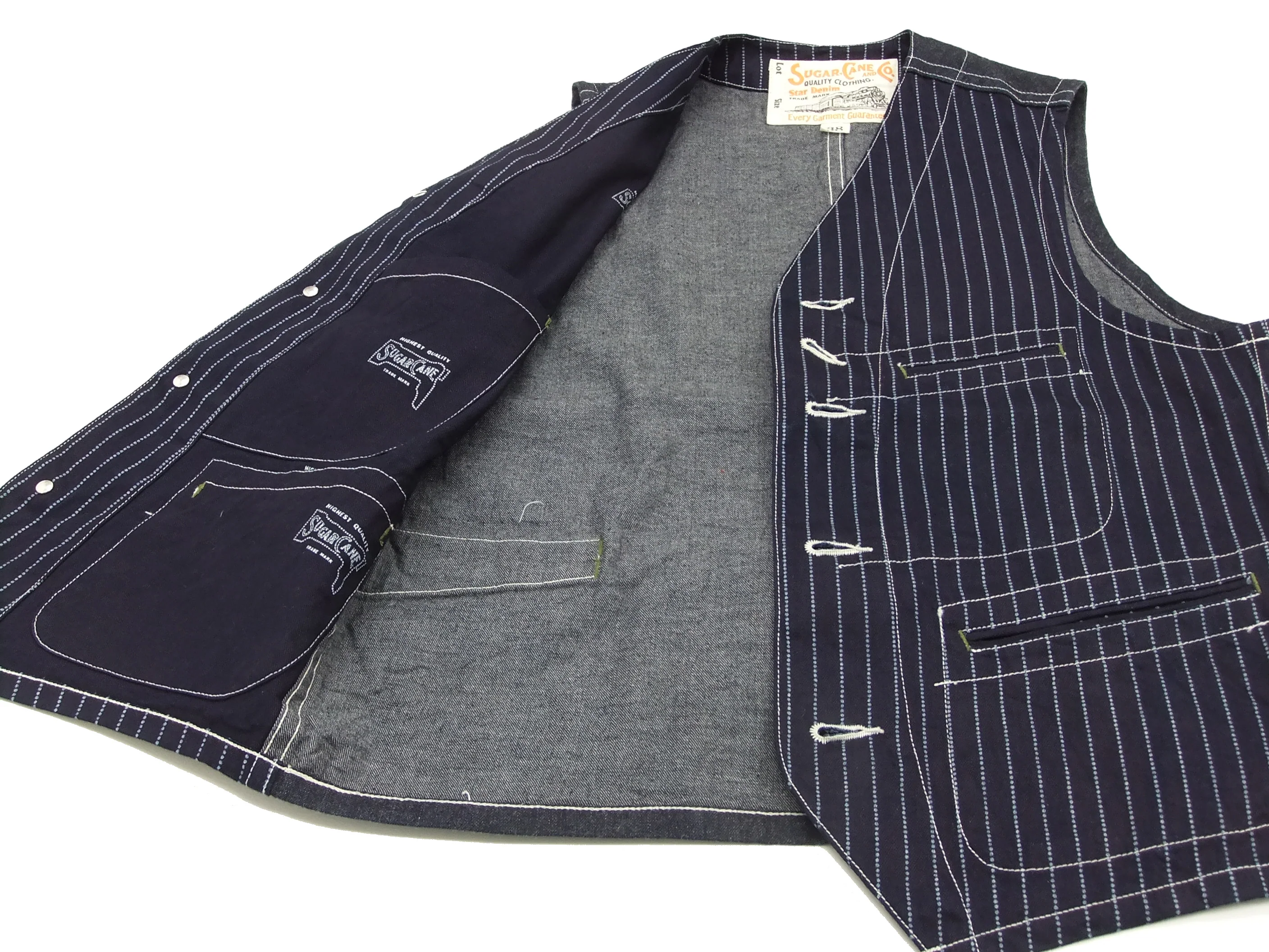 Sugar Cane Vest Men's Casual Indigo Wabash Stripe Work Vest Waistcoat SC12654 - Image 9
