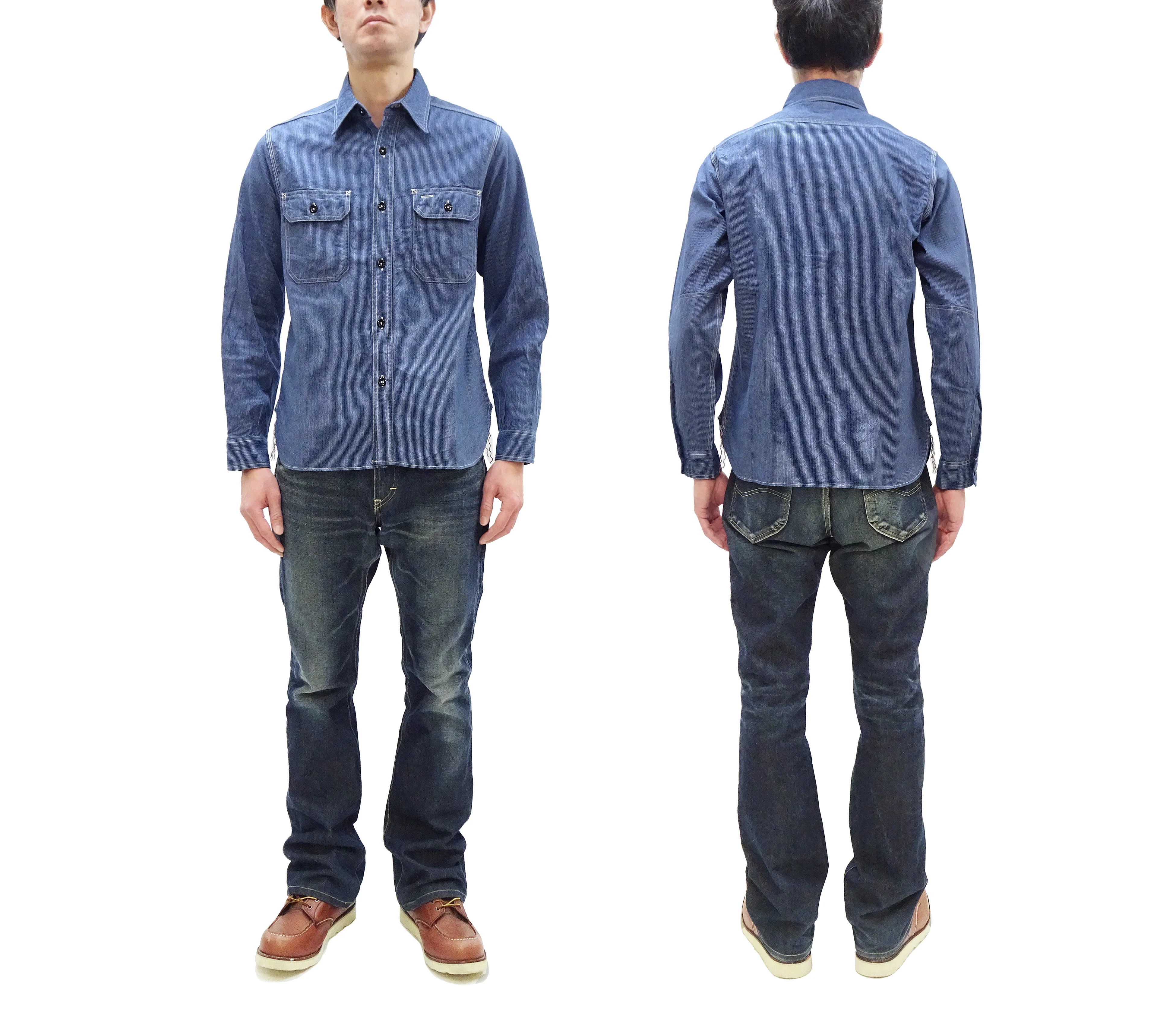 Sugar Cane Work Shirt with Vertical Hairline Code Stripe Pattern Men's Casual Jean Cord Long Sleeve Button Up Shirt SC25511 128 Navy-Blue - Image 3