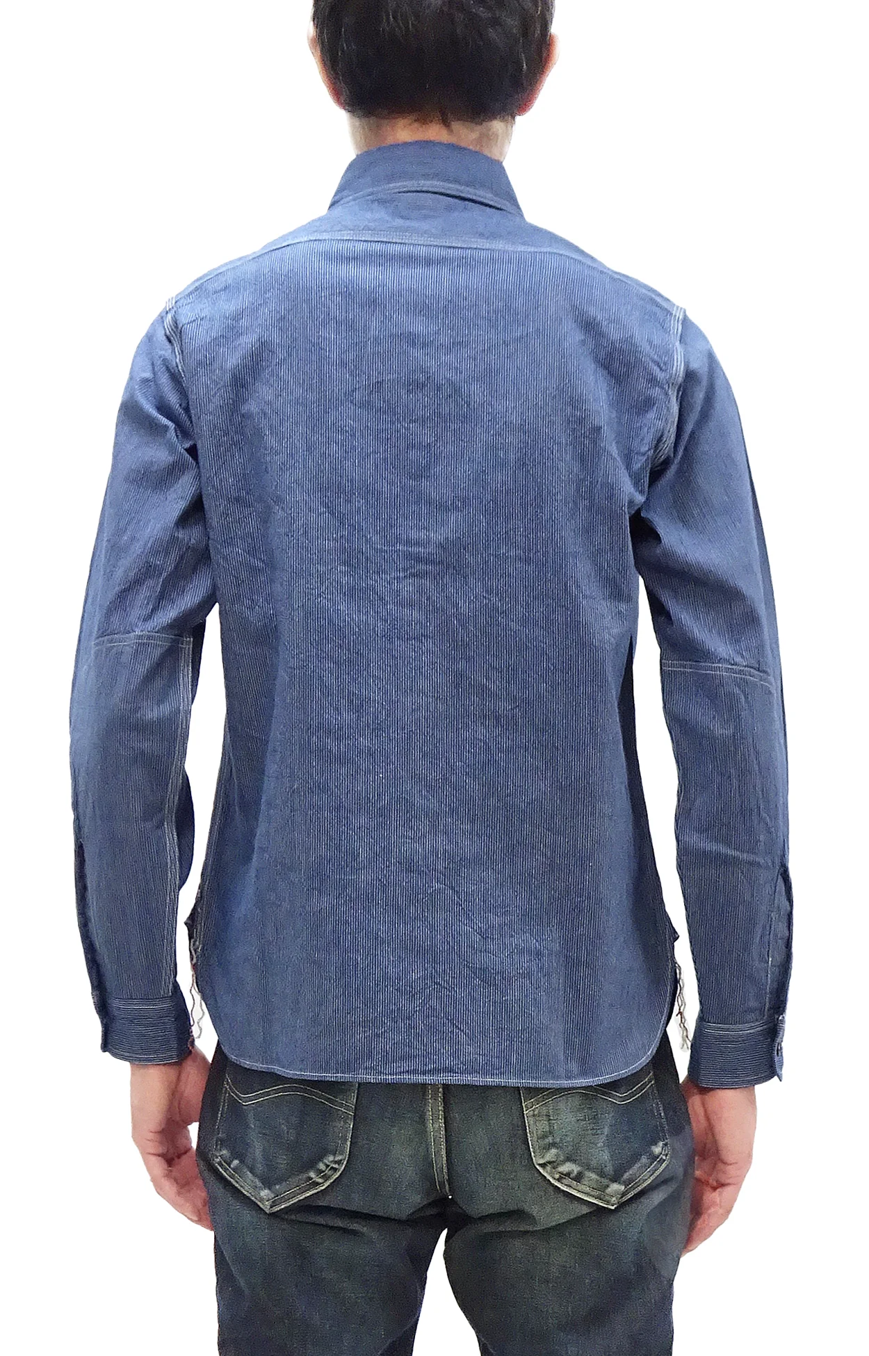 Sugar Cane Work Shirt with Vertical Hairline Code Stripe Pattern Men's Casual Jean Cord Long Sleeve Button Up Shirt SC25511 128 Navy-Blue - Image 4