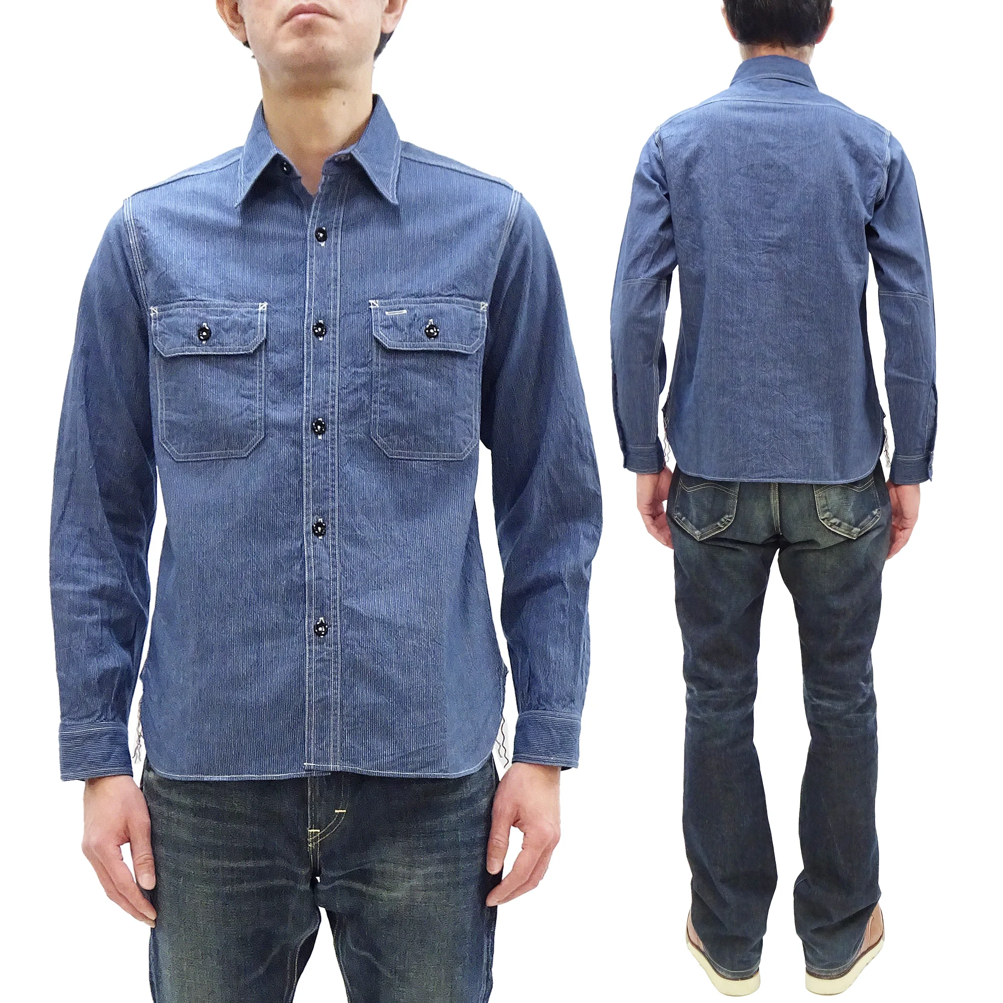 Sugar Cane Work Shirt with Vertical Hairline Code Stripe Pattern Men's Casual Jean Cord Long Sleeve Button Up Shirt SC25511 128 Navy-Blue - Image 5