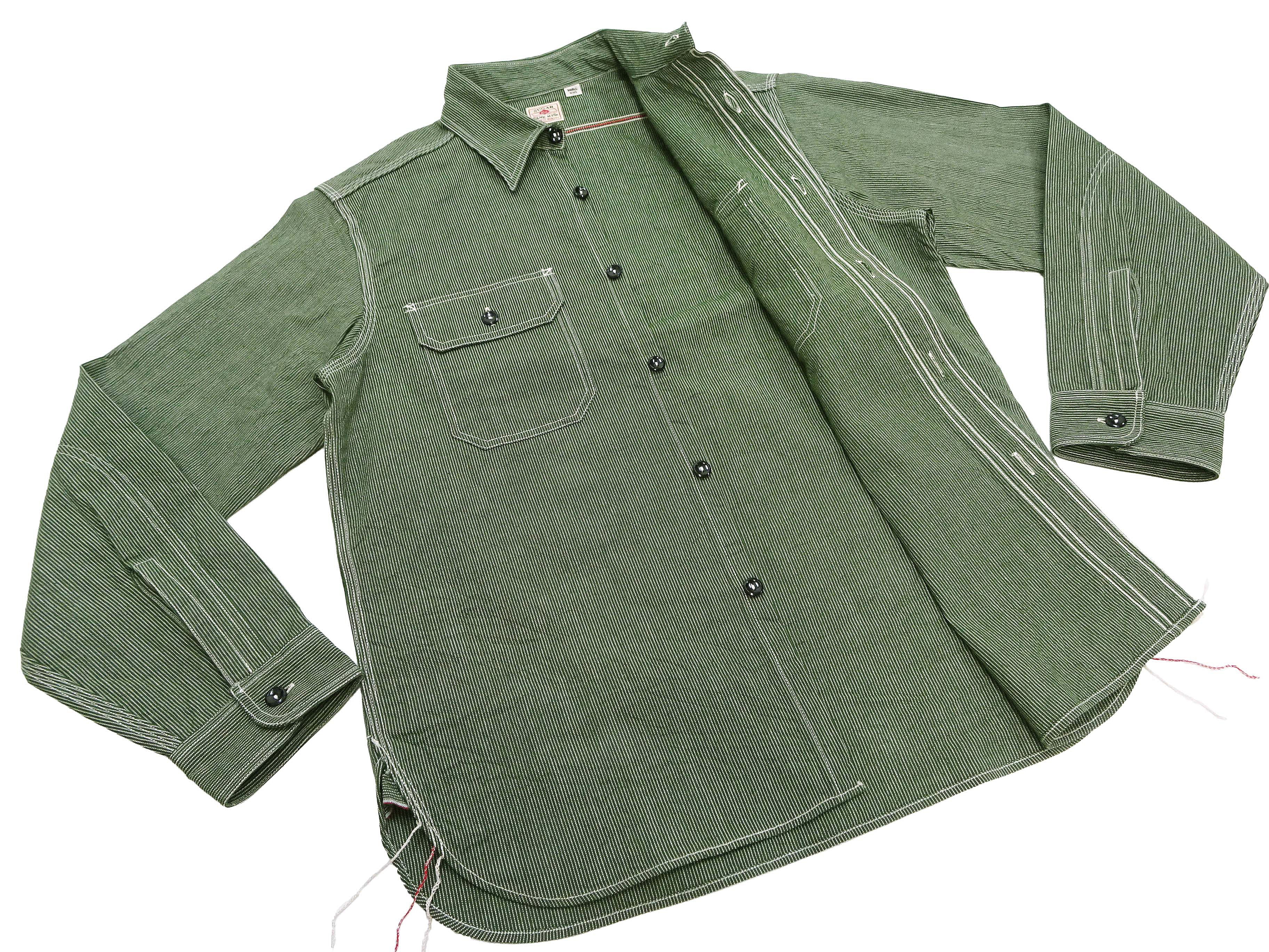 Sugar Cane Work Shirt with Vertical Hairline Code Stripe Pattern Men's Casual Jean Cord Long Sleeve Button Up Shirt SC25511 149 Olive - Image 11