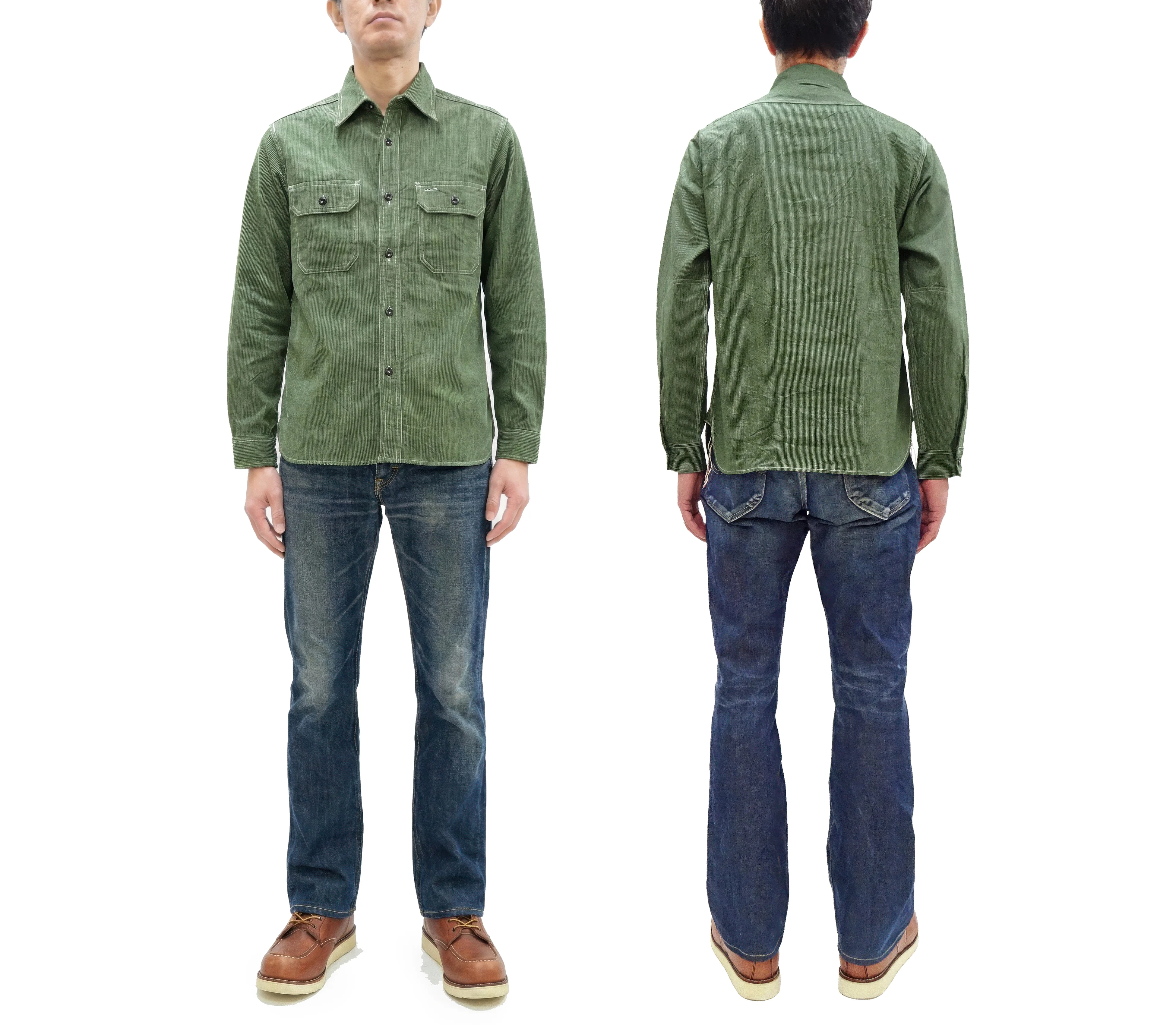 Sugar Cane Work Shirt with Vertical Hairline Code Stripe Pattern Men's Casual Jean Cord Long Sleeve Button Up Shirt SC25511 149 Olive - Image 3