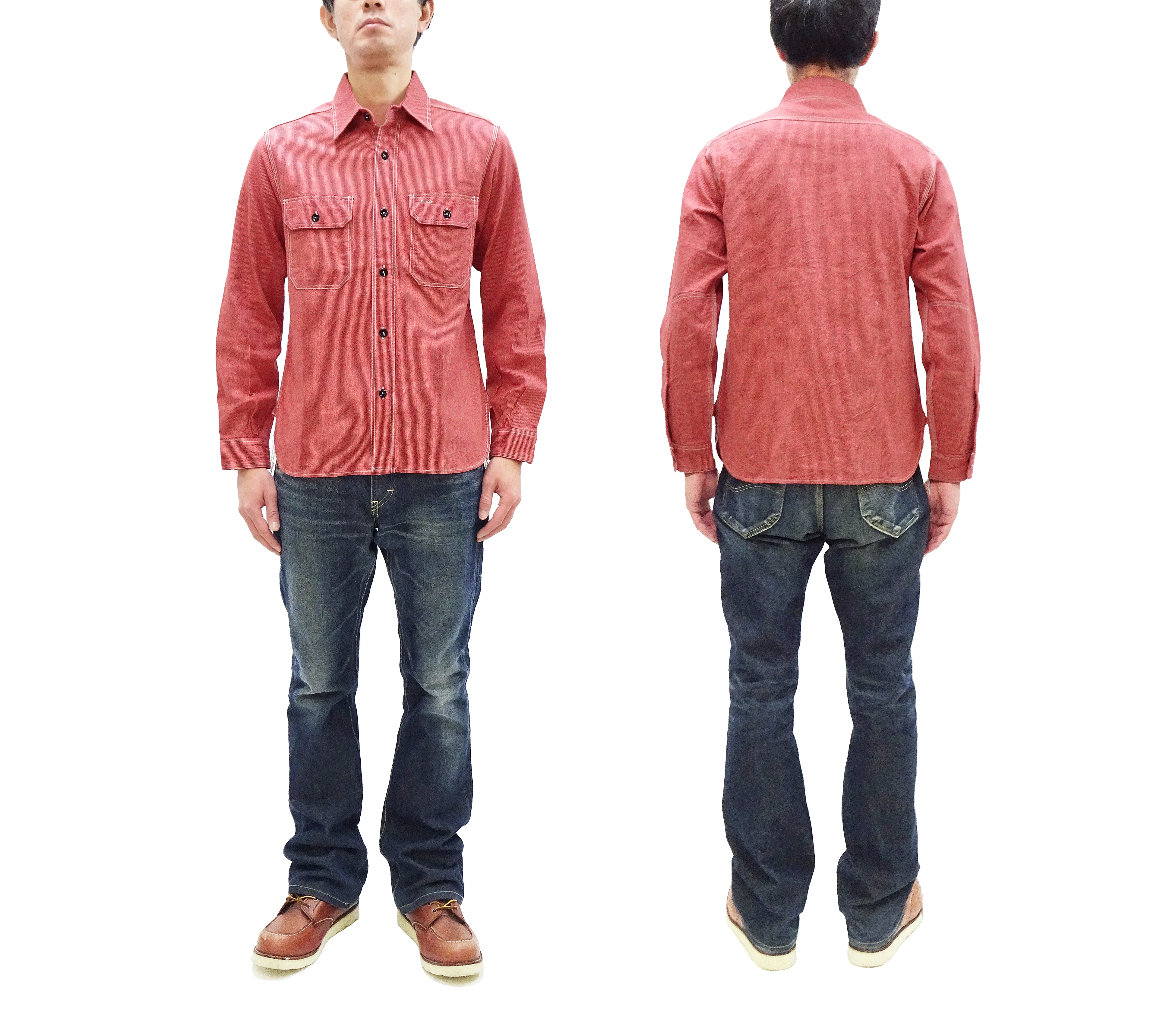 Sugar Cane Work Shirt with Vertical Hairline Code Stripe Pattern Men's Casual Jean Cord Long Sleeve Button Up Shirt SC25511 165 Red - Image 3