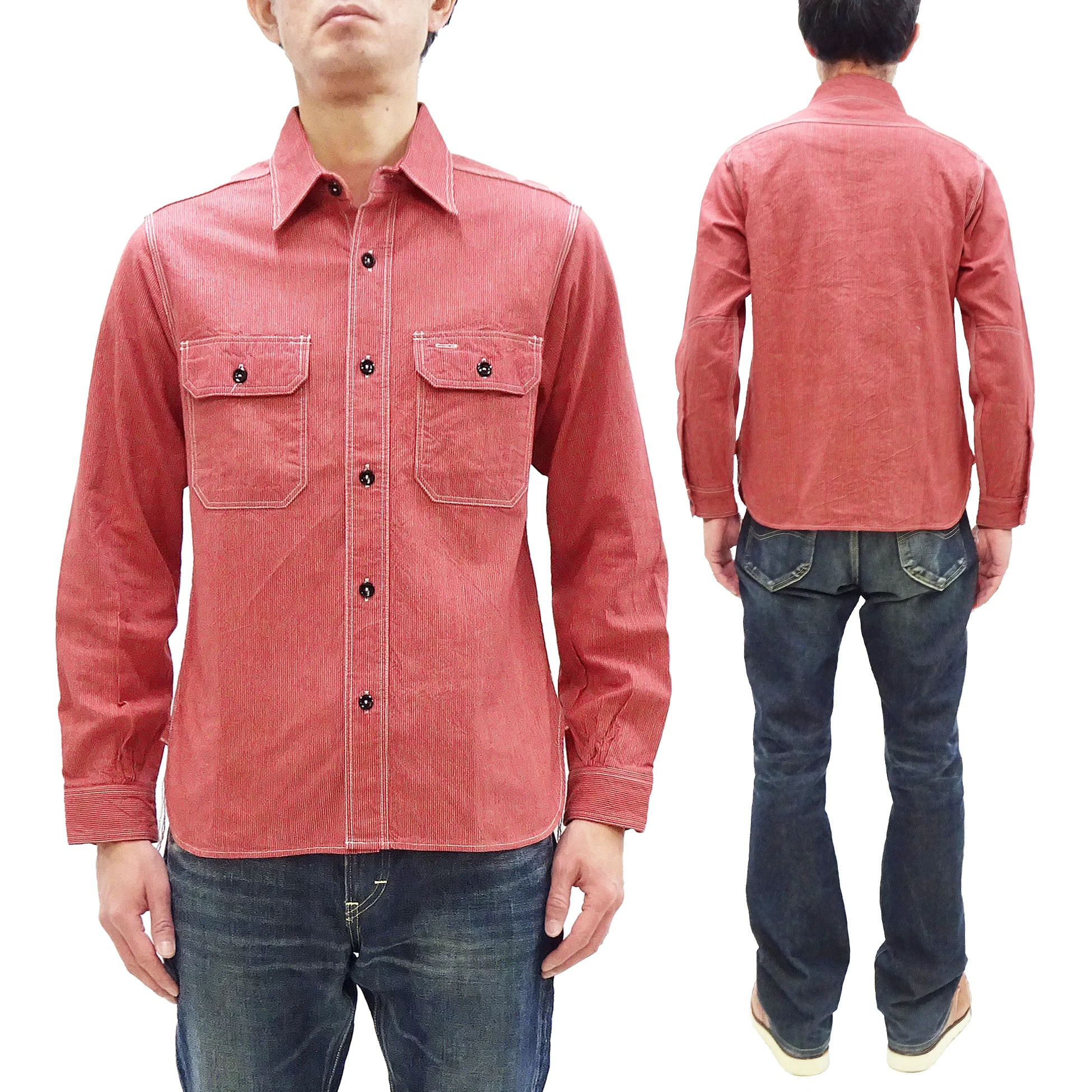 Sugar Cane Work Shirt with Vertical Hairline Code Stripe Pattern Men's Casual Jean Cord Long Sleeve Button Up Shirt SC25511 165 Red - Image 5