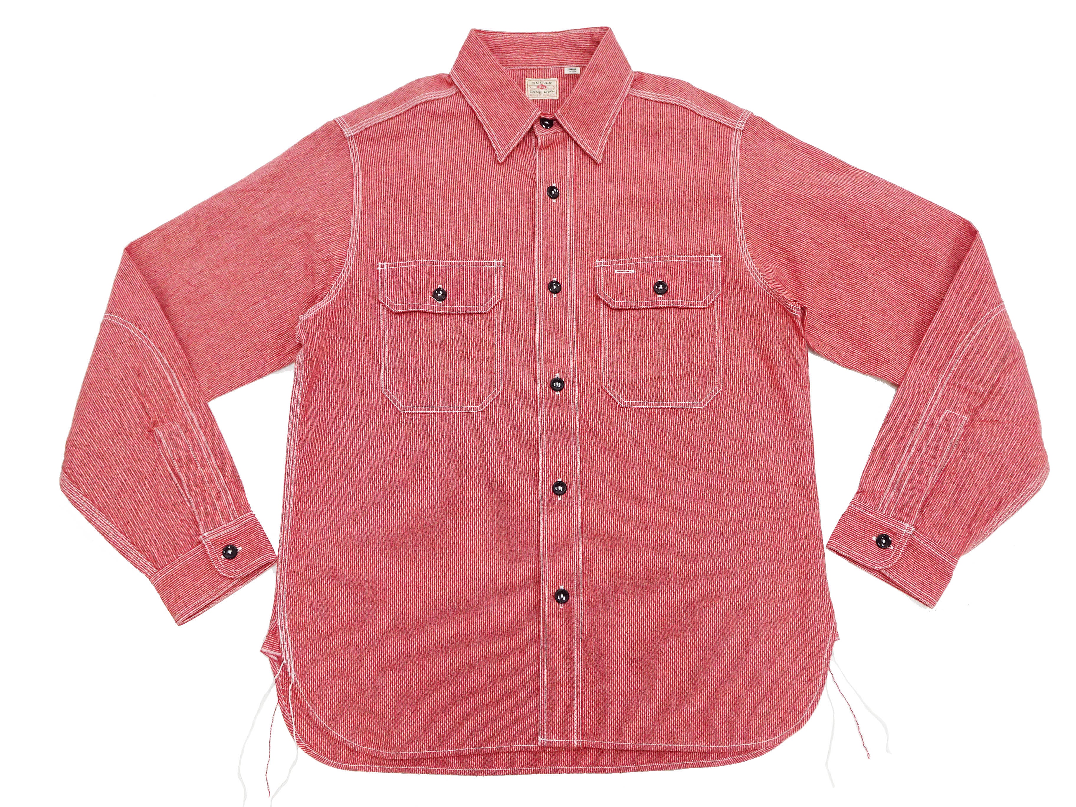 Sugar Cane Work Shirt with Vertical Hairline Code Stripe Pattern Men's Casual Jean Cord Long Sleeve Button Up Shirt SC25511 165 Red - Image 6