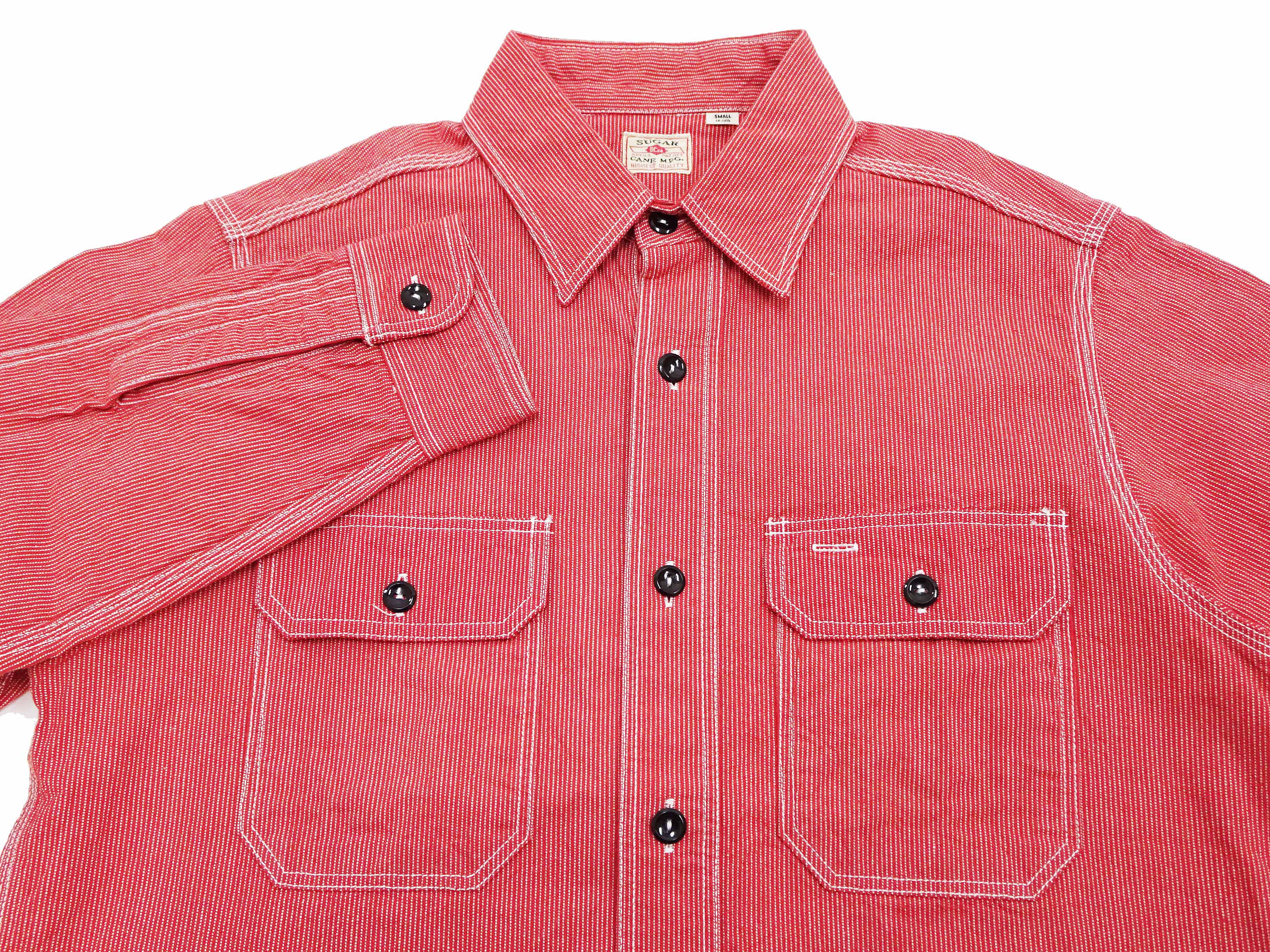 Sugar Cane Work Shirt with Vertical Hairline Code Stripe Pattern Men's Casual Jean Cord Long Sleeve Button Up Shirt SC25511 165 Red - Image 7