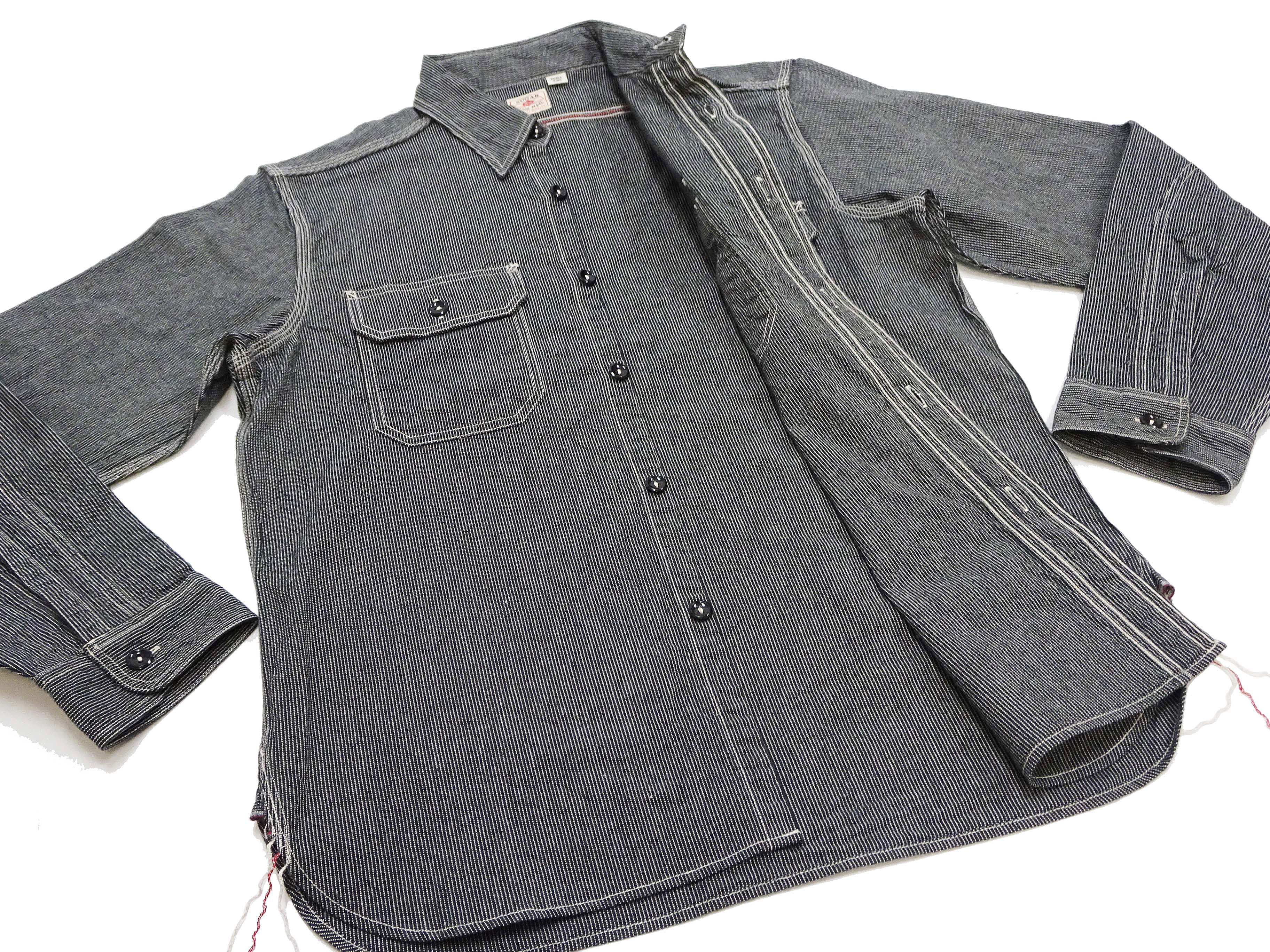 Sugar Cane Work Shirt with Vertical Hairline Code Stripe Pattern Men's Casual Jean Cord Long Sleeve Button Up Shirt SC25511 119 Black - Image 11