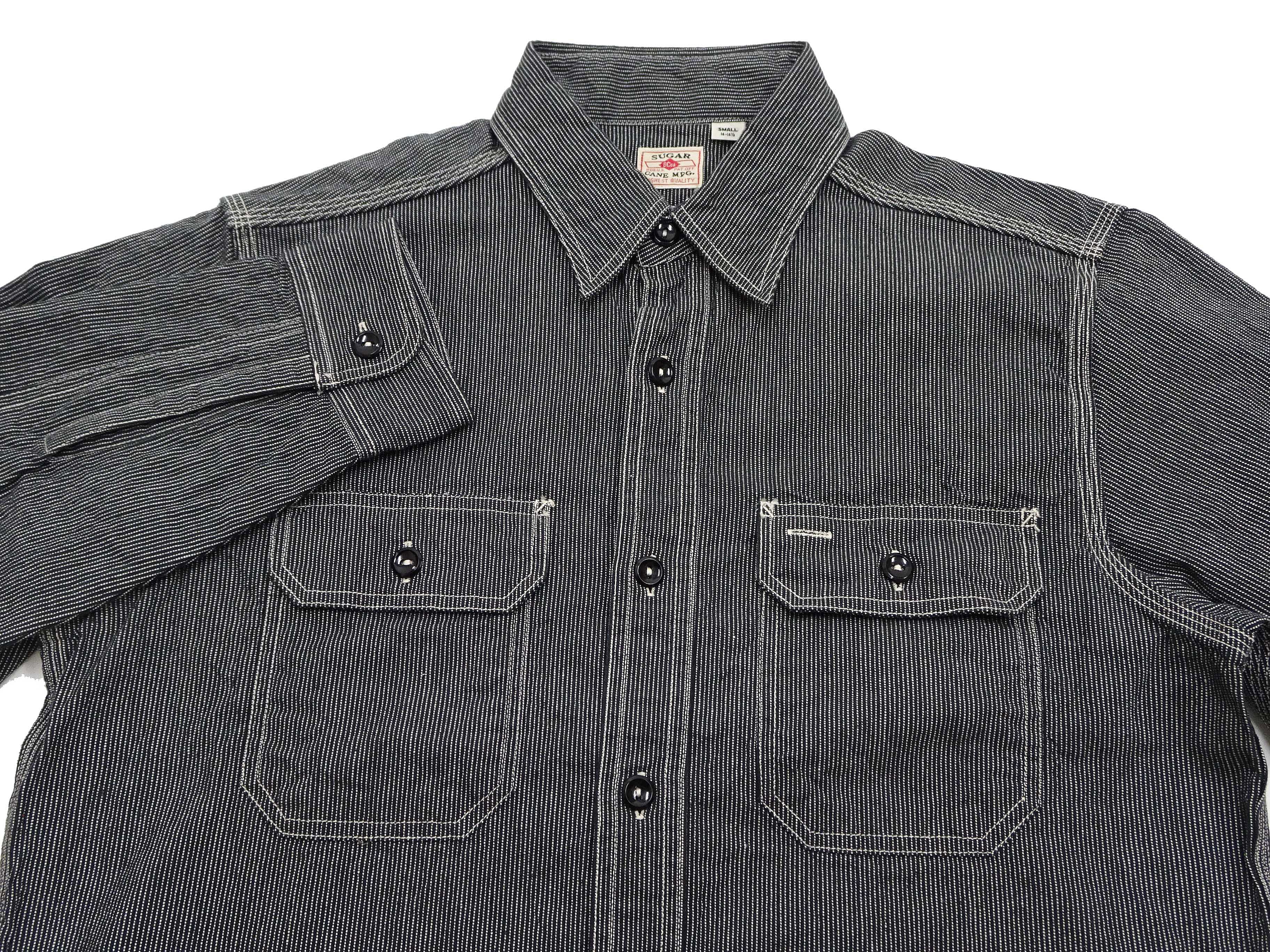 Sugar Cane Work Shirt with Vertical Hairline Code Stripe Pattern Men's Casual Jean Cord Long Sleeve Button Up Shirt SC25511 119 Black - Image 7