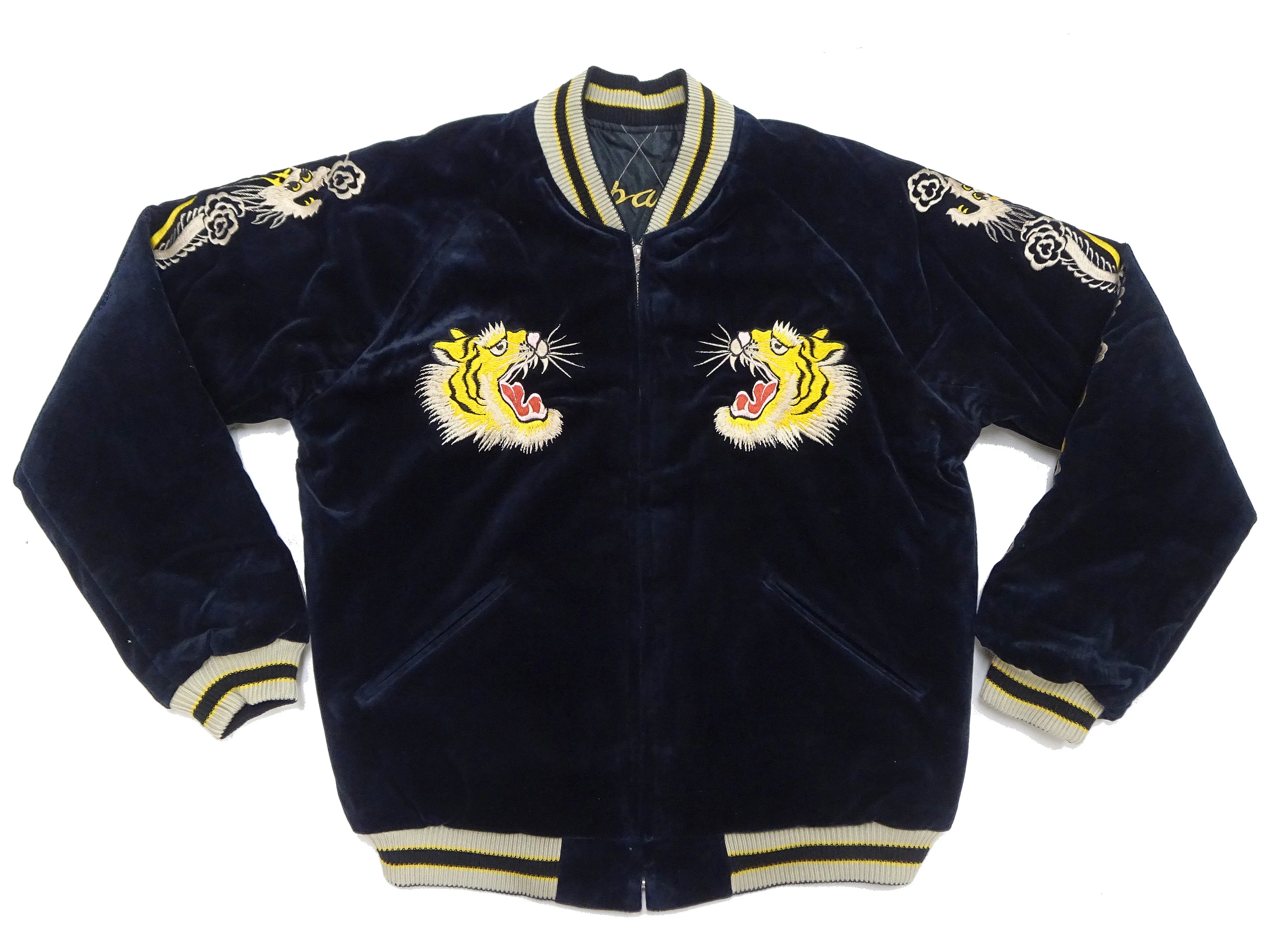 Tailor Toyo Japanese Souvenir Jacket - Men's Mid-1950s Reproduction Sukajan - Reversible, Velvet and Quilted Satin - TT15792-128 Roaring Tiger x Japan Map Dark Navy x Black - Image 11