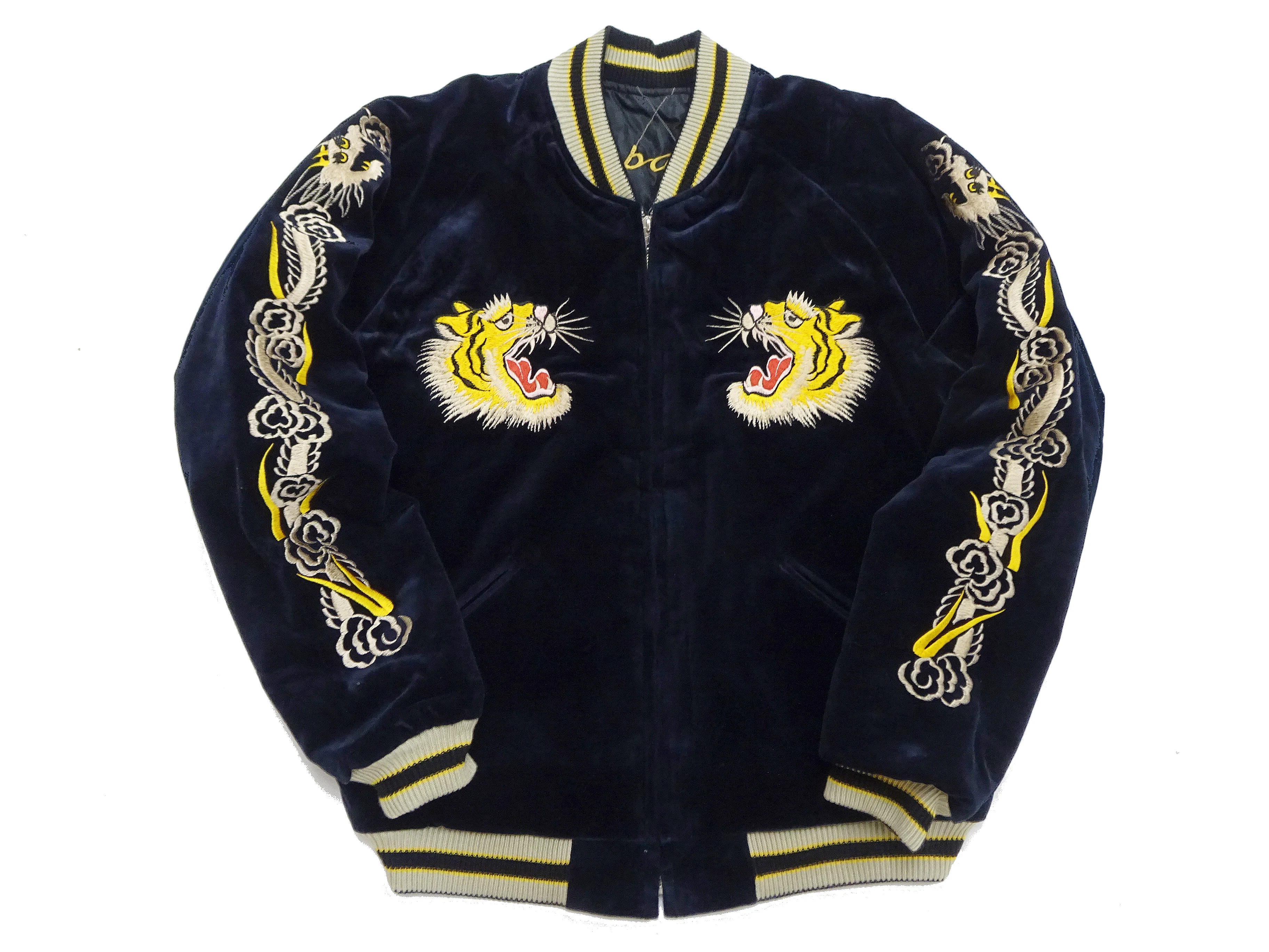 Tailor Toyo Japanese Souvenir Jacket - Men's Mid-1950s Reproduction Sukajan - Reversible, Velvet and Quilted Satin - TT15792-128 Roaring Tiger x Japan Map Dark Navy x Black - Image 12