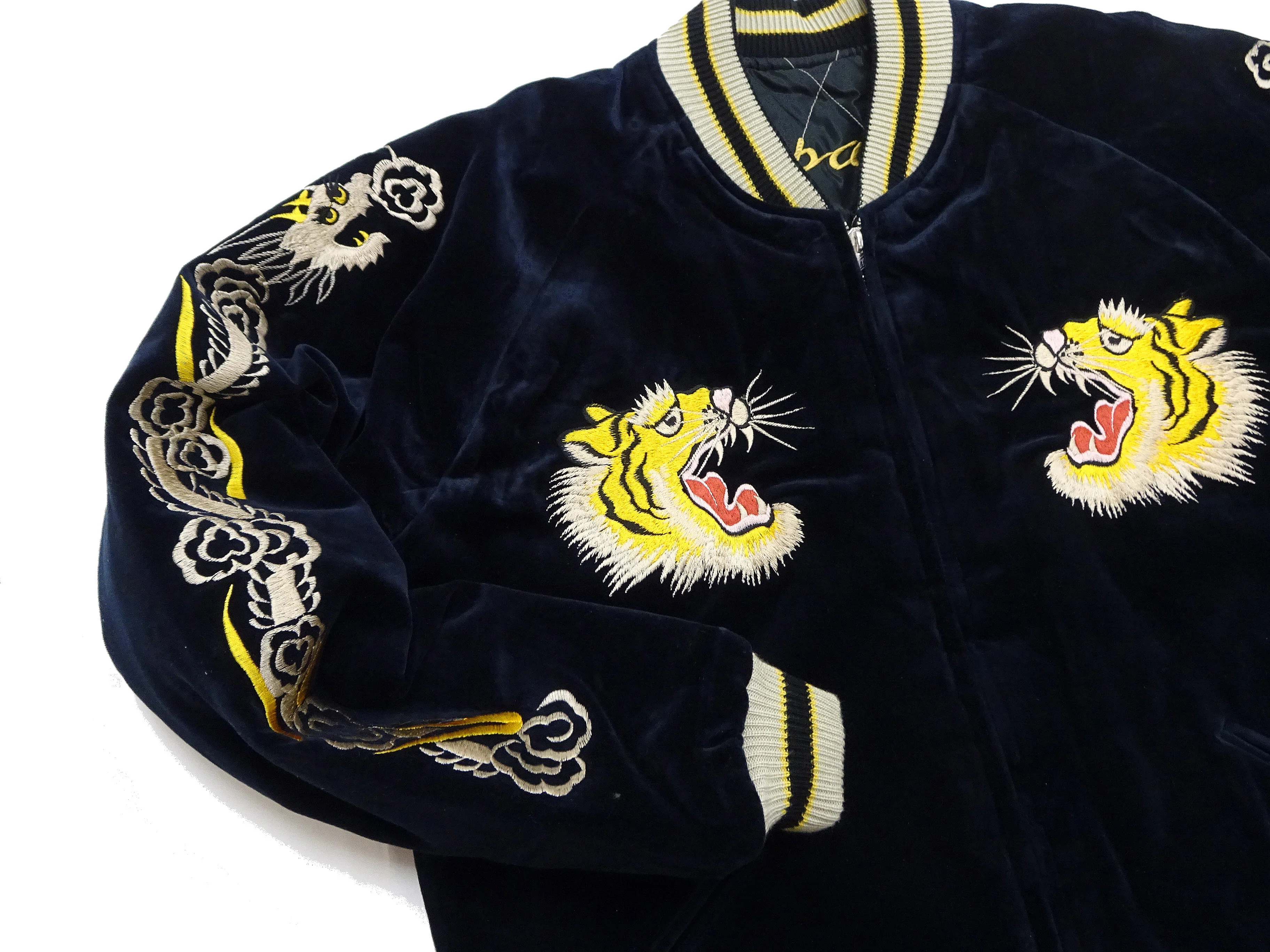 Tailor Toyo Japanese Souvenir Jacket - Men's Mid-1950s Reproduction Sukajan - Reversible, Velvet and Quilted Satin - TT15792-128 Roaring Tiger x Japan Map Dark Navy x Black - Image 14