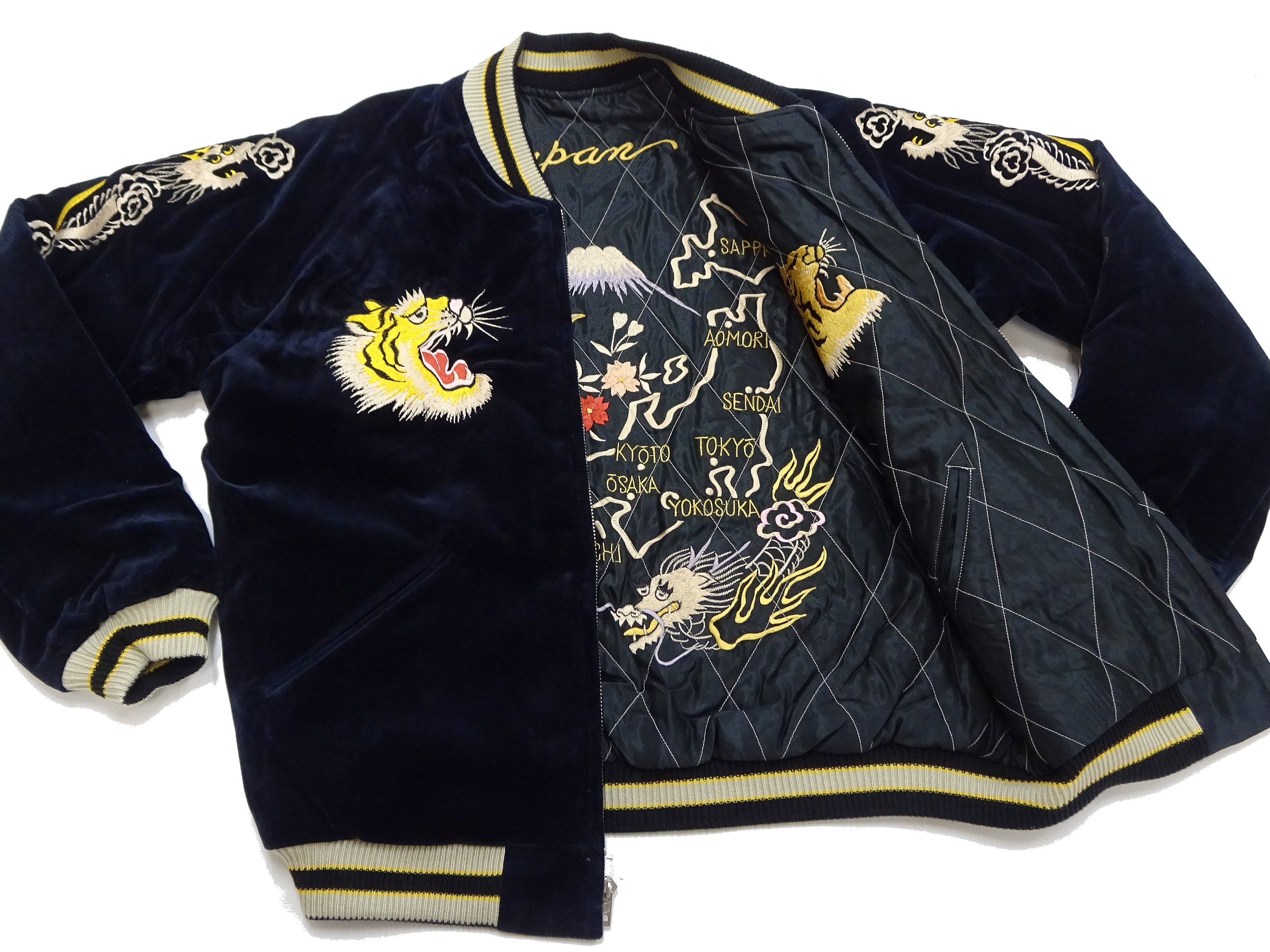 Tailor Toyo Japanese Souvenir Jacket - Men's Mid-1950s Reproduction Sukajan - Reversible, Velvet and Quilted Satin - TT15792-128 Roaring Tiger x Japan Map Dark Navy x Black - Image 21