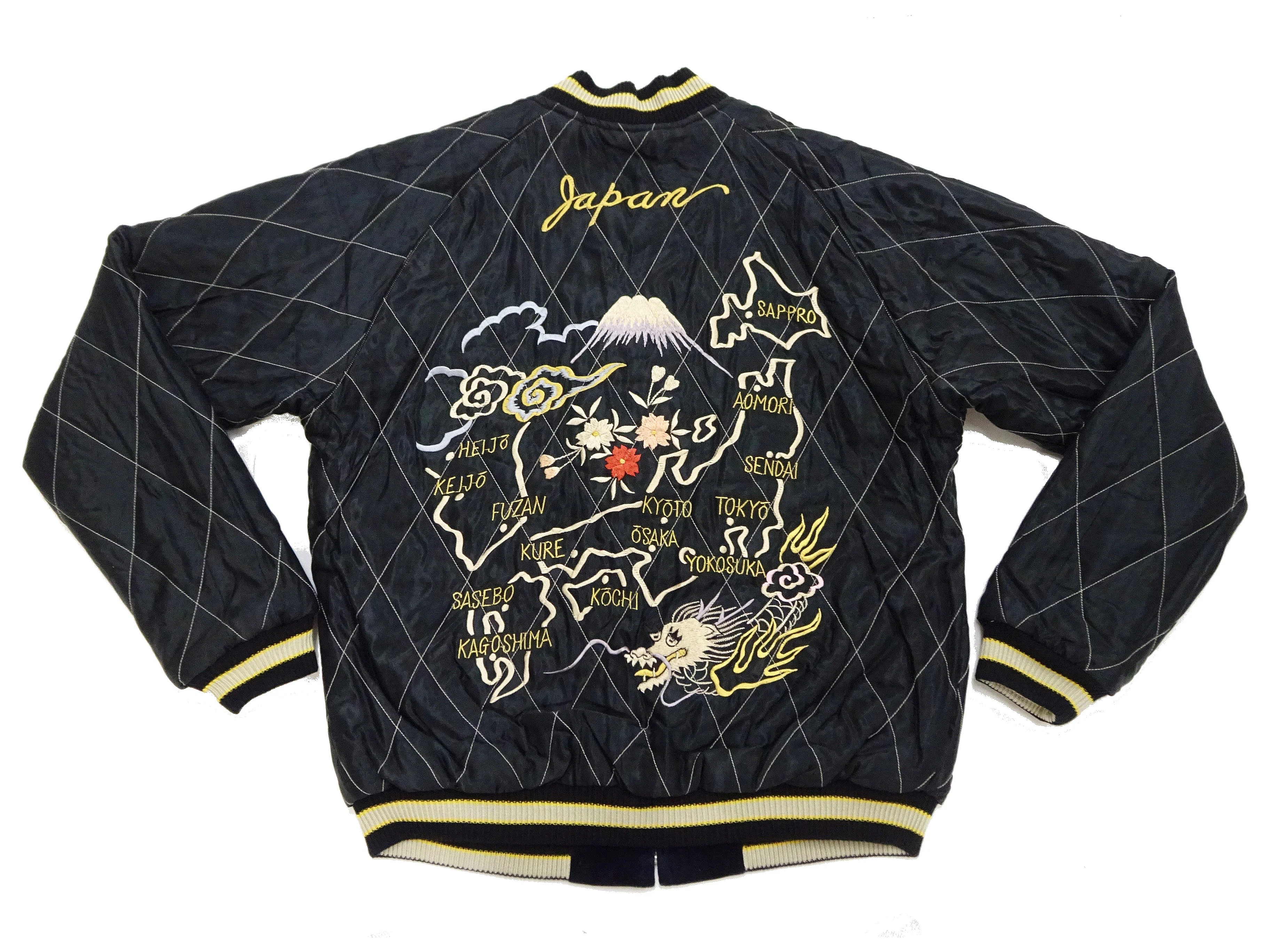 Tailor Toyo Japanese Souvenir Jacket - Men's Mid-1950s Reproduction Sukajan - Reversible, Velvet and Quilted Satin - TT15792-128 Roaring Tiger x Japan Map Dark Navy x Black - Image 22