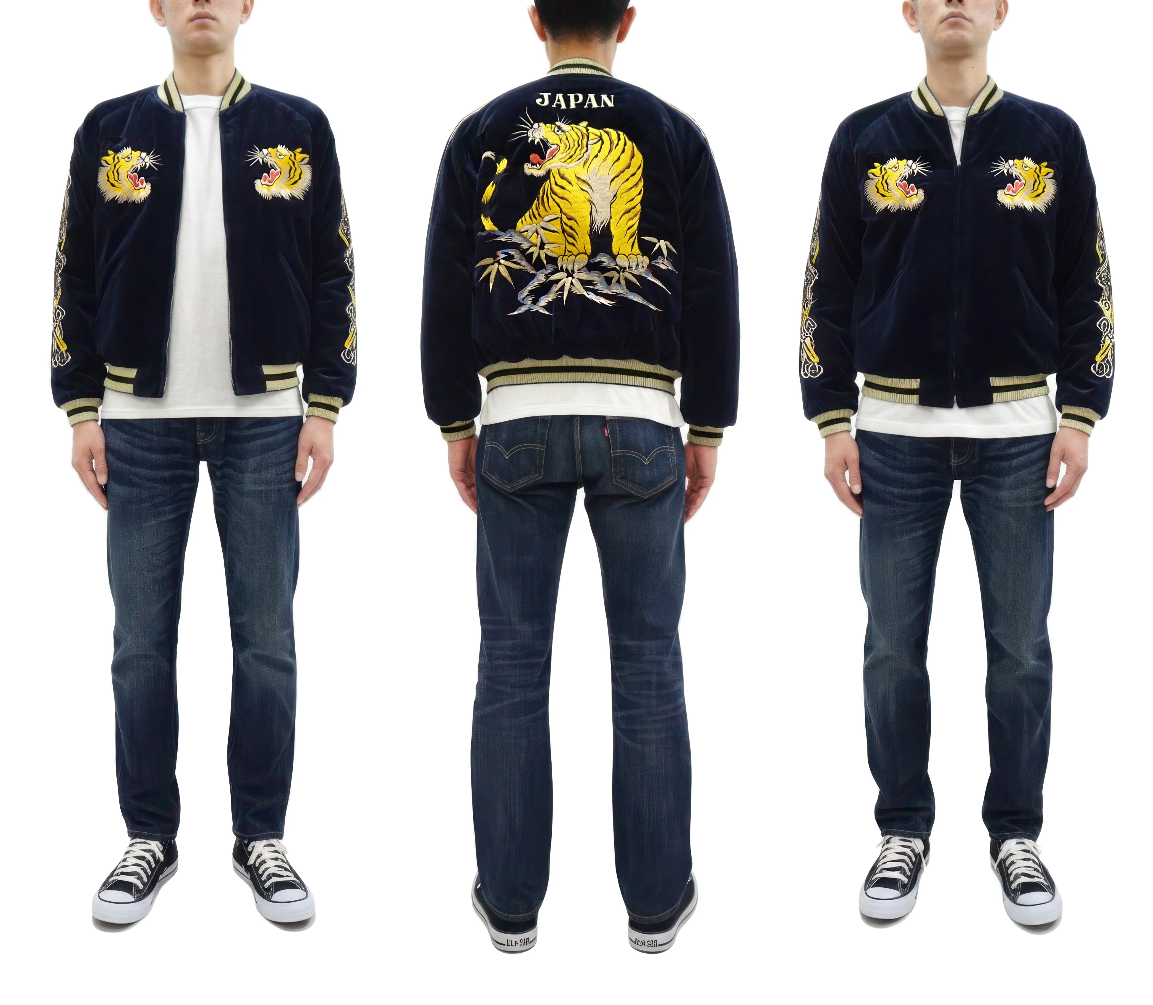 Tailor Toyo Japanese Souvenir Jacket - Men's Mid-1950s Reproduction Sukajan - Reversible, Velvet and Quilted Satin - TT15792-128 Roaring Tiger x Japan Map Dark Navy x Black - Image 3