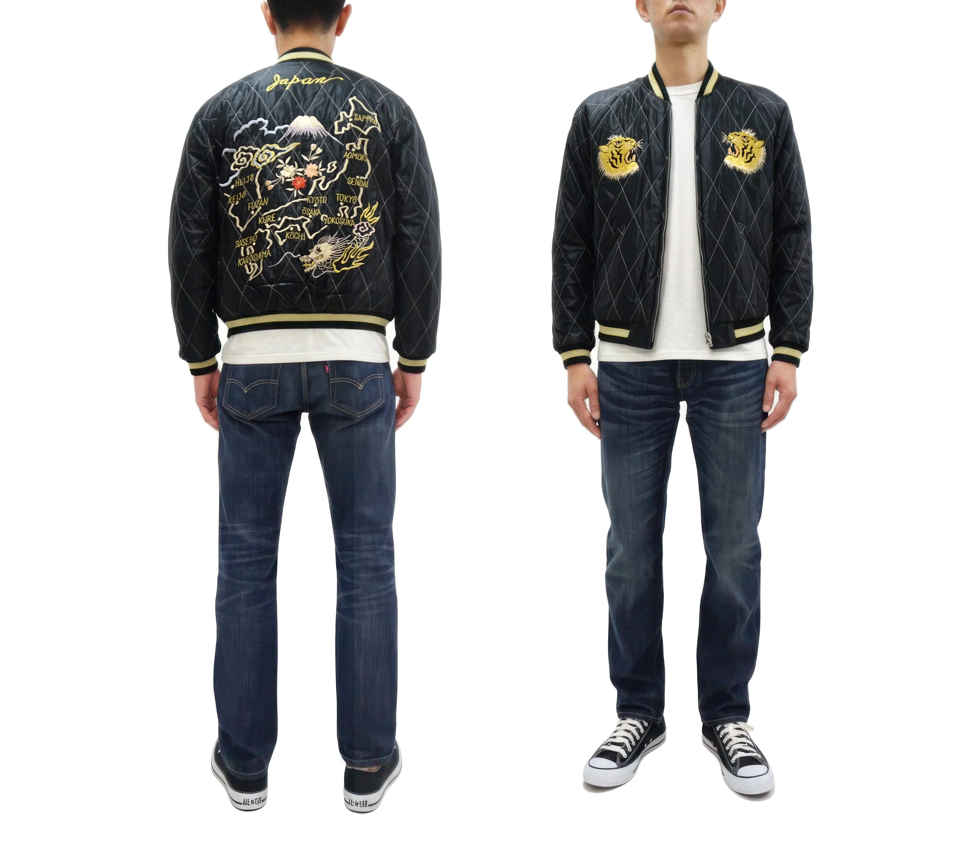 Tailor Toyo Japanese Souvenir Jacket - Men's Mid-1950s Reproduction Sukajan - Reversible, Velvet and Quilted Satin - TT15792-128 Roaring Tiger x Japan Map Dark Navy x Black - Image 4