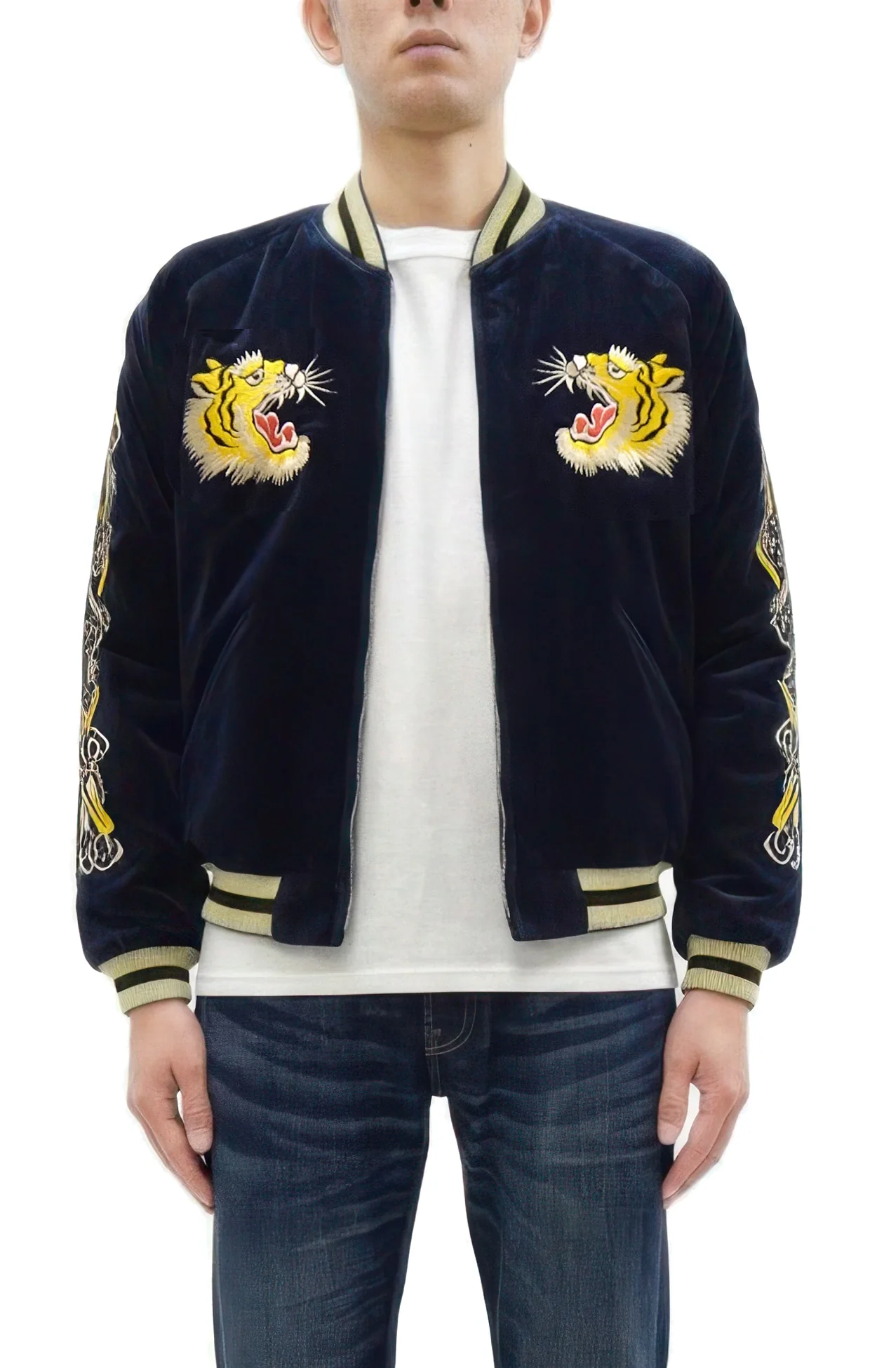 Tailor Toyo Japanese Souvenir Jacket - Men's Mid-1950s Reproduction Sukajan - Reversible, Velvet and Quilted Satin - TT15792-128 Roaring Tiger x Japan Map Dark Navy x Black - Image 5