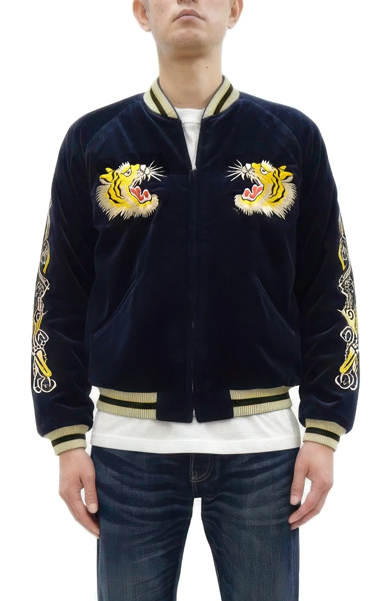 Tailor Toyo Japanese Souvenir Jacket - Men's Mid-1950s Reproduction Sukajan - Reversible, Velvet and Quilted Satin - TT15792-128 Roaring Tiger x Japan Map Dark Navy x Black - Image 6