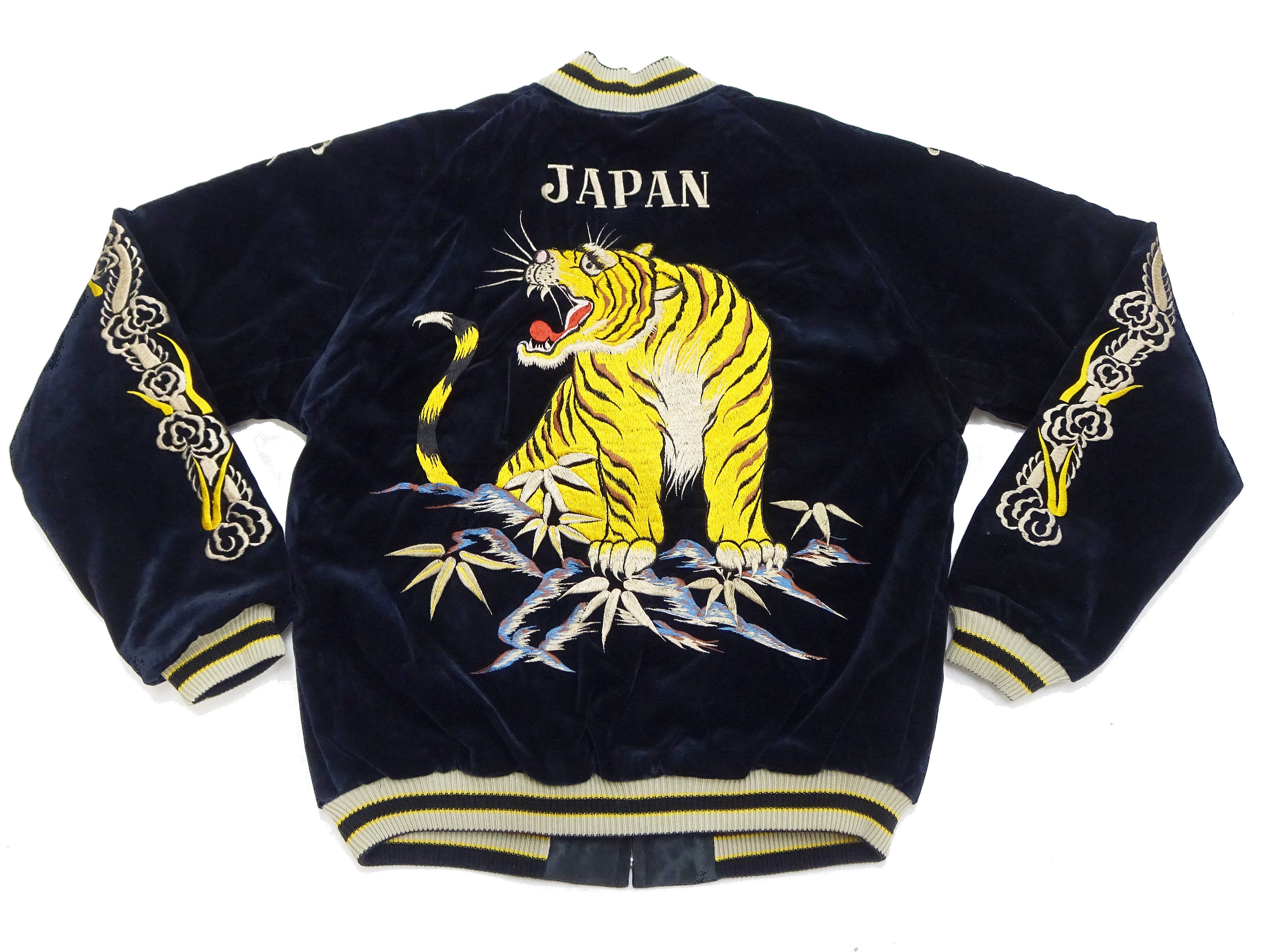 Tailor Toyo Japanese Souvenir Jacket - Men's Mid-1950s Reproduction Sukajan - Reversible, Velvet and Quilted Satin - TT15792-128 Roaring Tiger x Japan Map Dark Navy x Black - Image 8