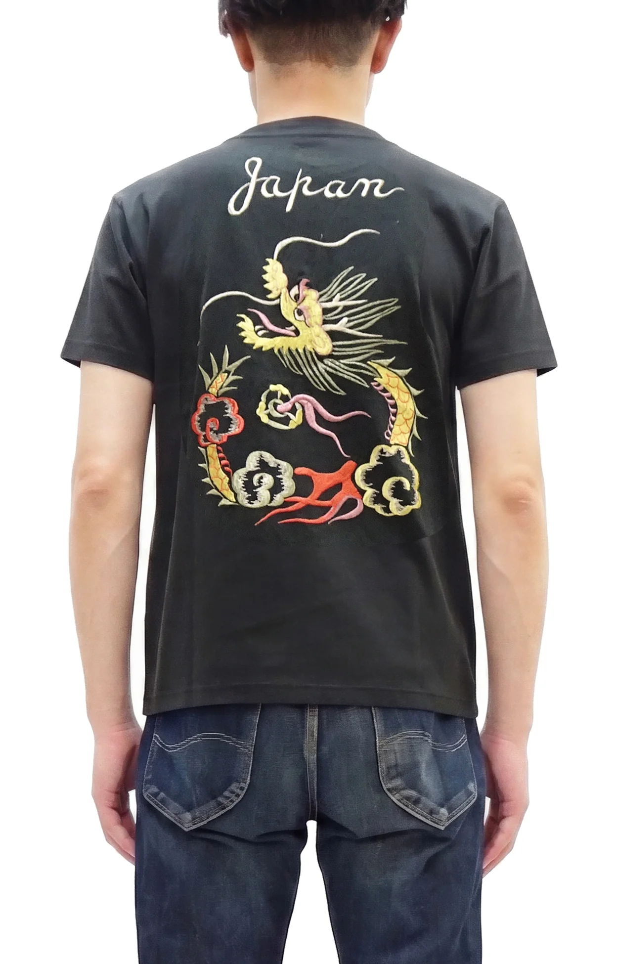 Tailor Toyo Men's Dragon-Embroidered Short Sleeve T-Shirt, Sukajan-Inspired Cotton Tee (Toyo Enterprises TT79744 118 Antique Black)
