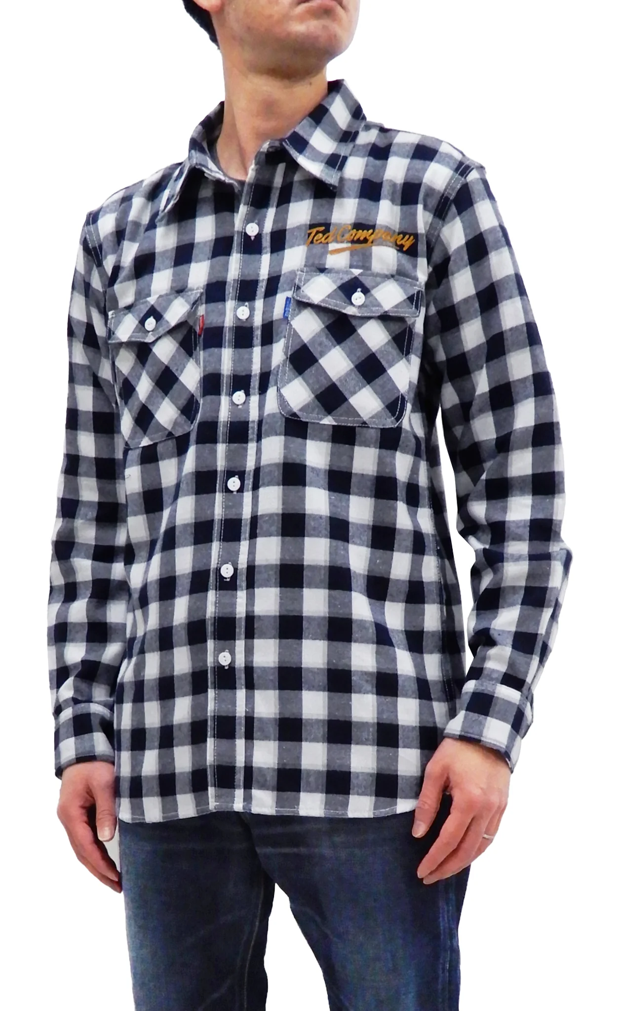 Tedman Custom Embroidered Plaid Flannel Shirt Men's Long Sleeve Shirt TNS-700 Off/Navy - Image 4