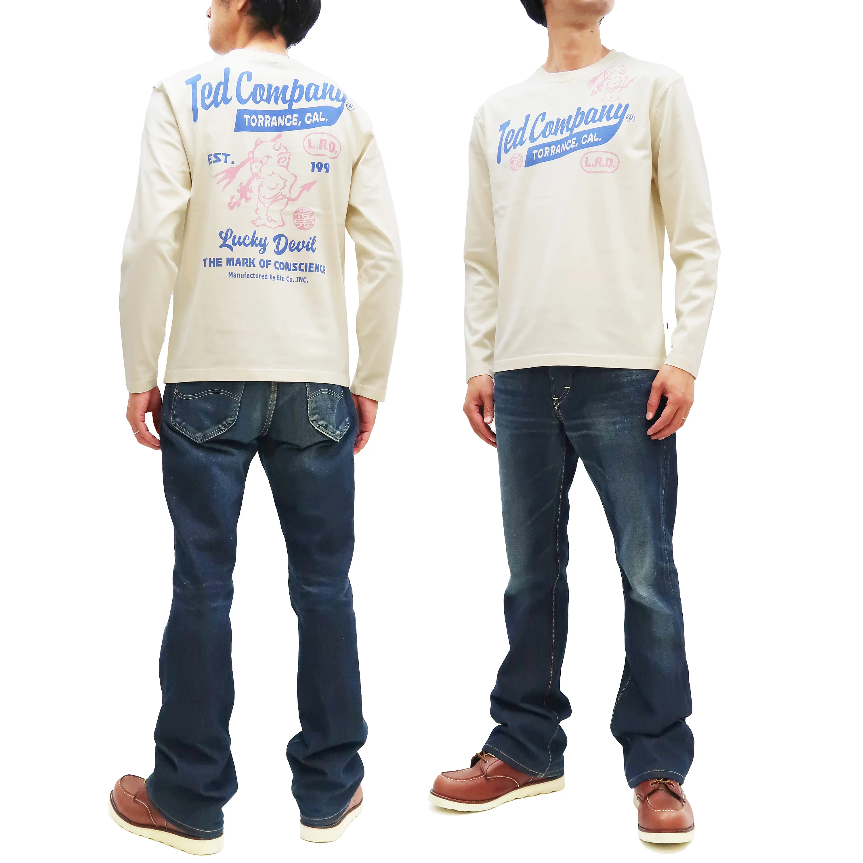 Tedman T-Shirt Men's Lucky Devil Logo Graphic Long Sleeve Tee Efu-Shokai TDLS-355 Off-White - Image 3