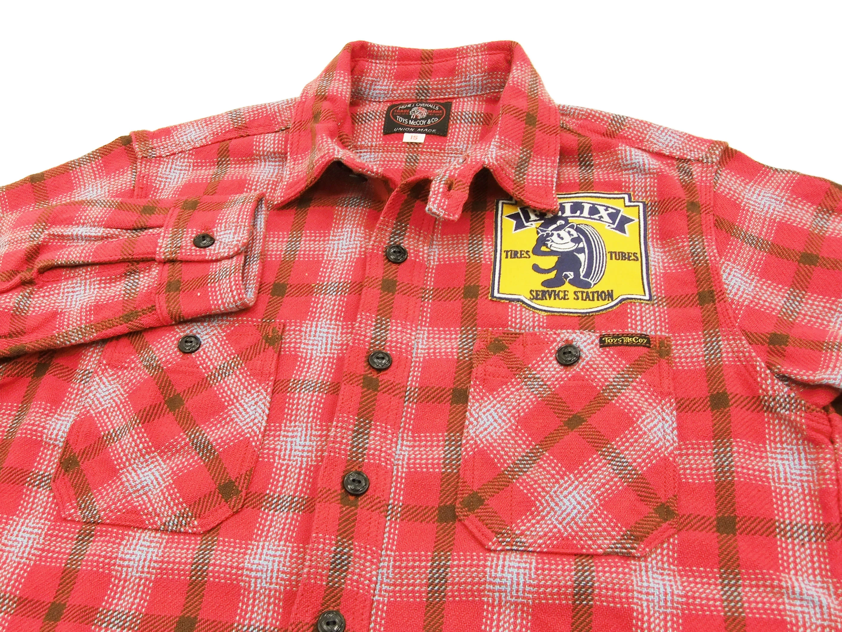 TOYS McCOY Checked Work Shirt TMC1612 Felix the Cat Men's Long Sleeve Button Up Shirt Red - Image 6