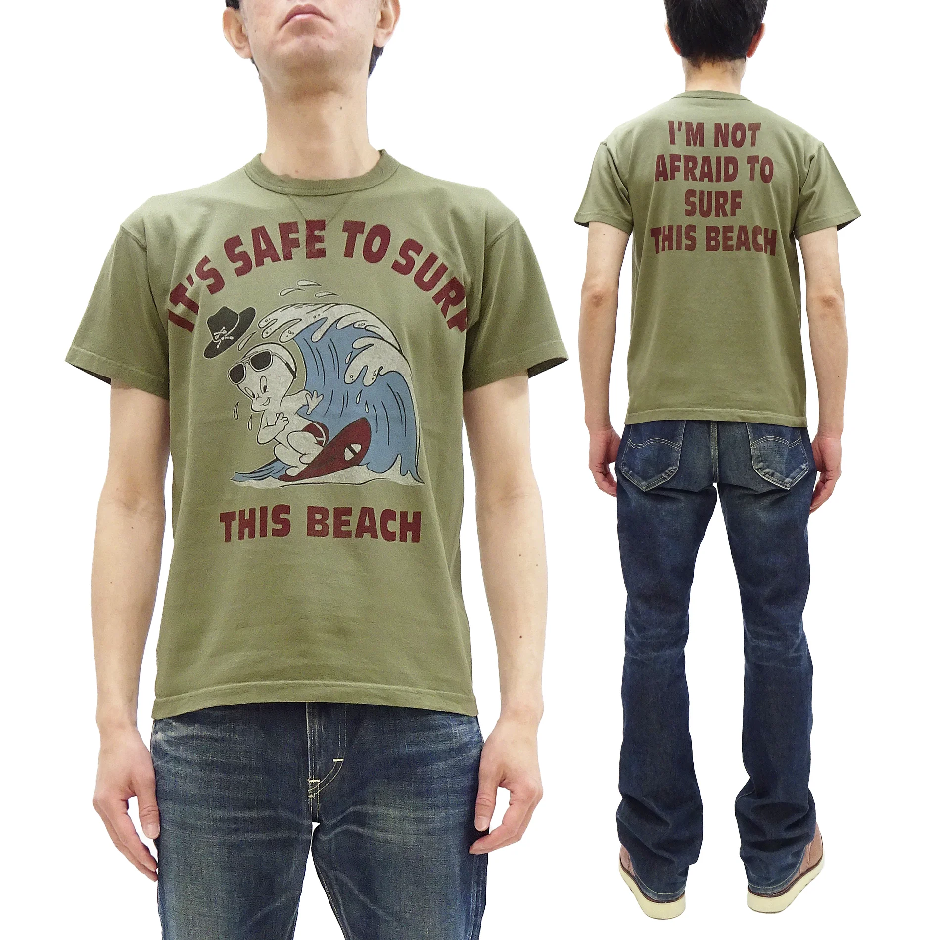 TOYS McCOY Graphic Loopwheel T-shirt Men's Short Sleeve Casper the Friendly Ghost Surfing Printed Tee TMC2504 Garment-Dyed Finish 160 Faded-Olive - Image 5