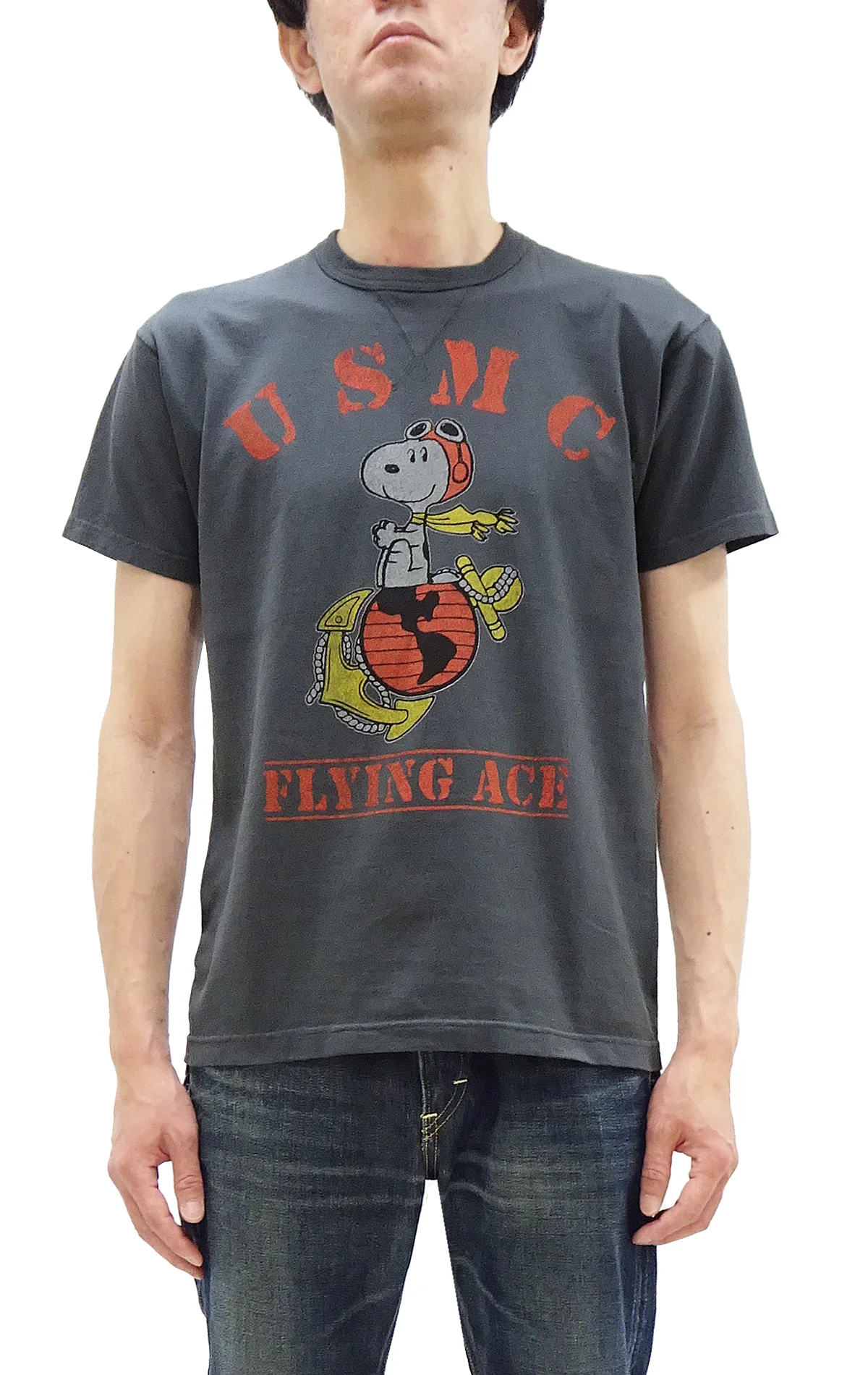 TOYS McCOY Graphic Loopwheel T-shirt - Men's Short Sleeve Flying Ace Snoopy x USMC Printed Tee TMC2527 Garment-Dyed Finish 030 Faded-Black