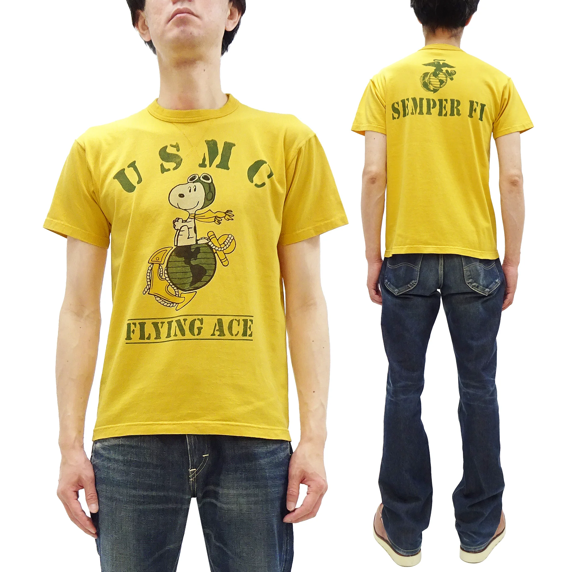TOYS McCOY Graphic Loopwheel T-shirt - Men's Short Sleeve Flying Ace Snoopy x USMC Printed Tee TMC2527 Garment-Dyed Finish 060 Faded-Yellow - Image 5