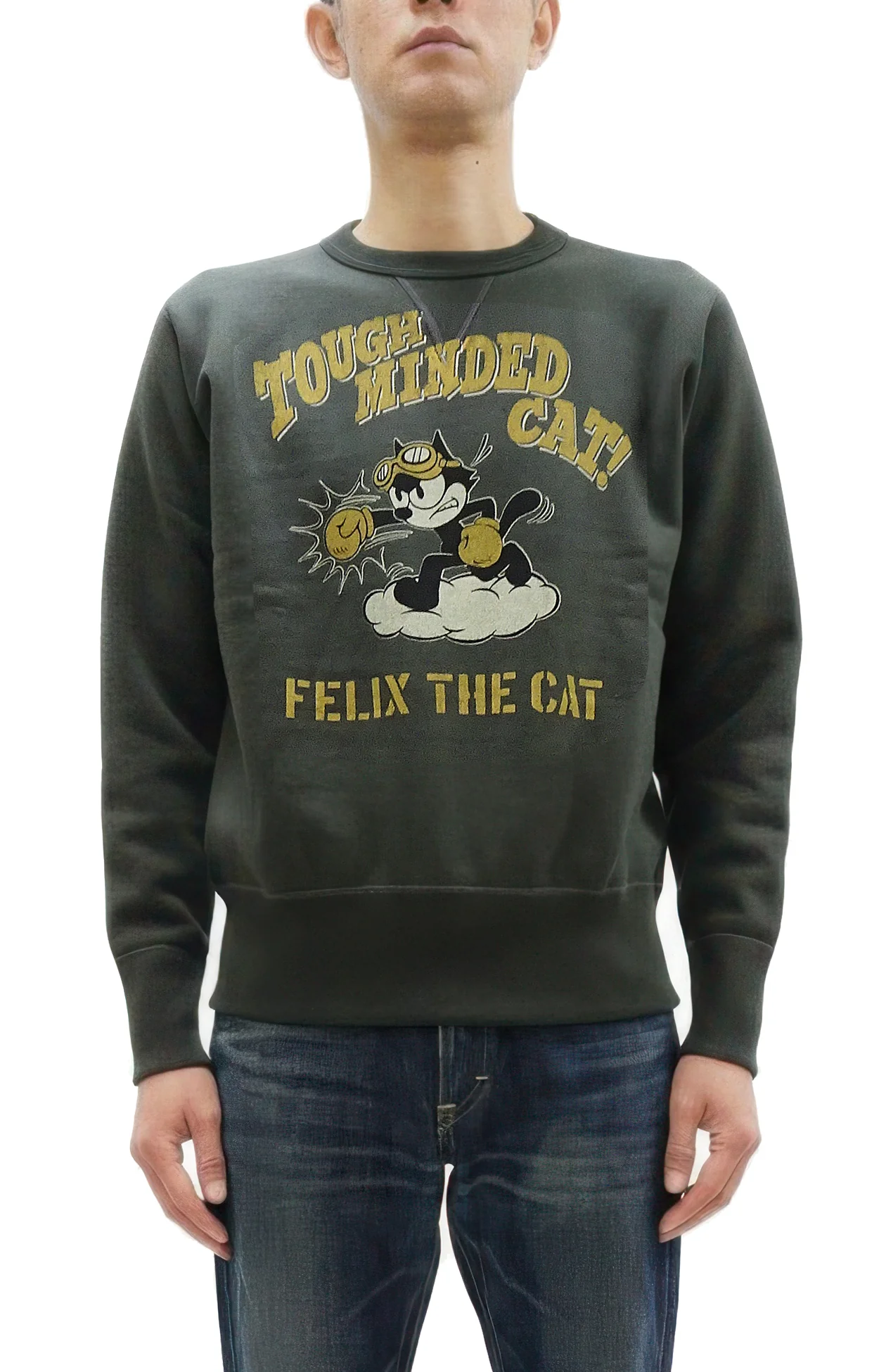 TOYS McCOY Men's Felix the Cat Sweatshirt - Vintage-Style Heavyweight Loopwheel Fleece - Made in Japan (TMC2547 030 Faded black)