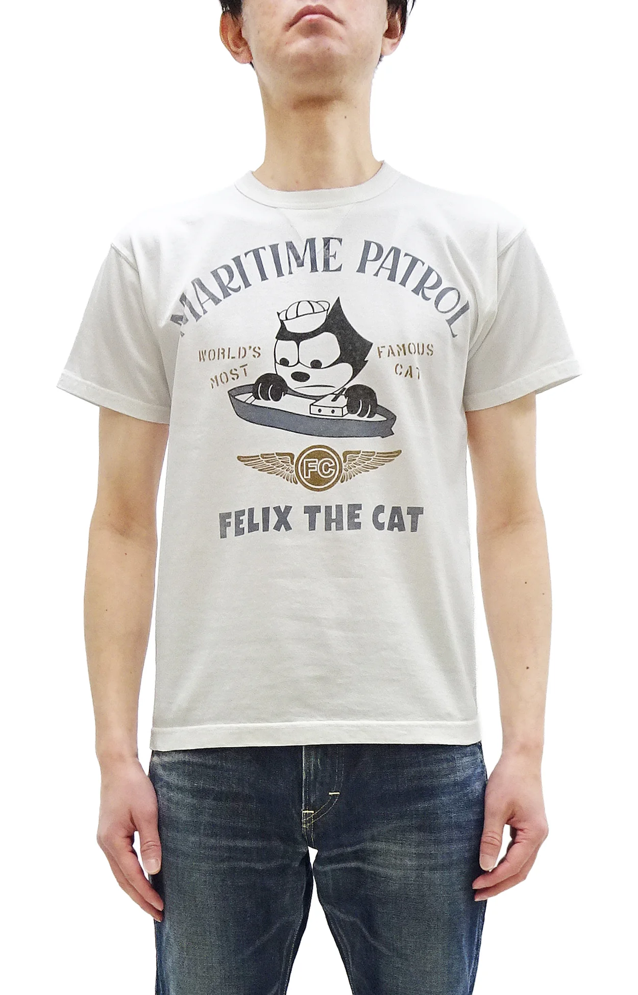 TOYS McCOY Men's Felix the Cat U.S. Navy Graphic Short Sleeve T-Shirt - Loopwheel Tubular Jersey, Garment Dyed, Made in Japan (TMC2601 011 Muted Off-White)
