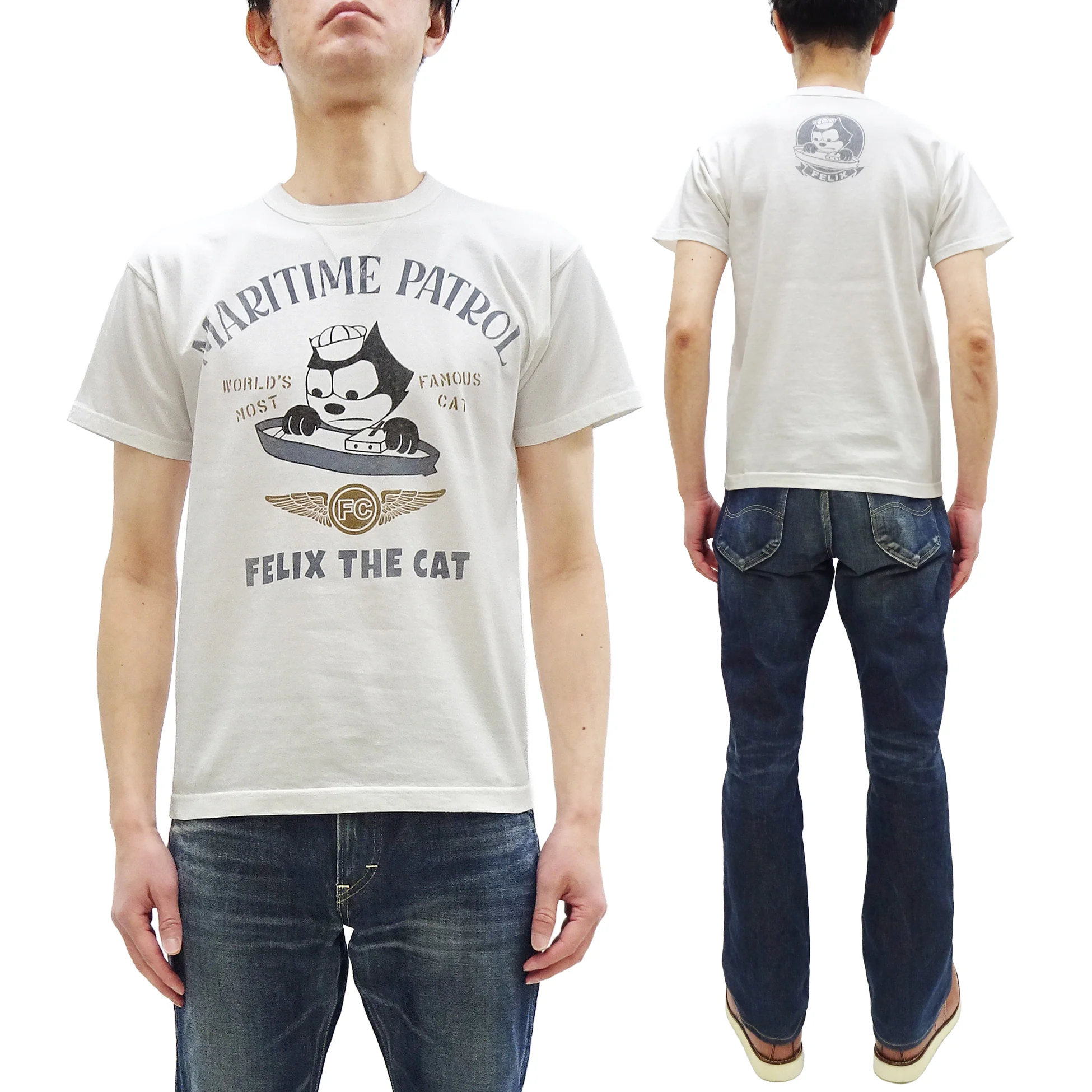 TOYS McCOY Men's Felix the Cat U.S. Navy Graphic Short Sleeve T-Shirt - Loopwheel Tubular Jersey, Garment Dyed, Made in Japan (TMC2601 011 Muted Off-White) - Image 5