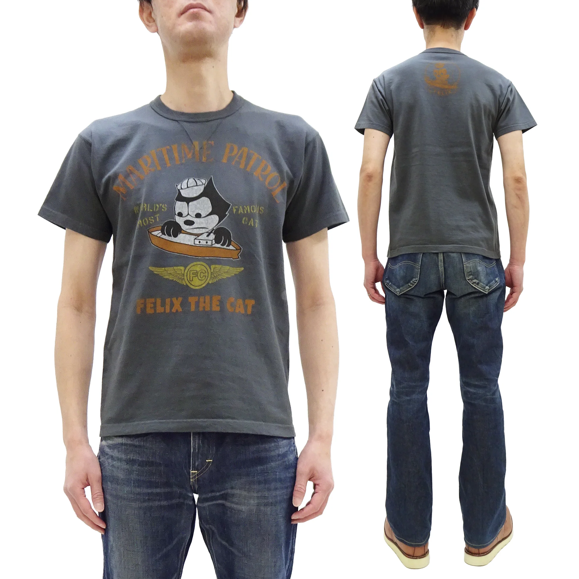 TOYS McCOY Men's Felix the Cat U.S. Navy Graphic Short Sleeve T-Shirt - Loopwheel Tubular Jersey, Garment Dyed, Made in Japan (TMC2601 030 Muted Black) - Image 5