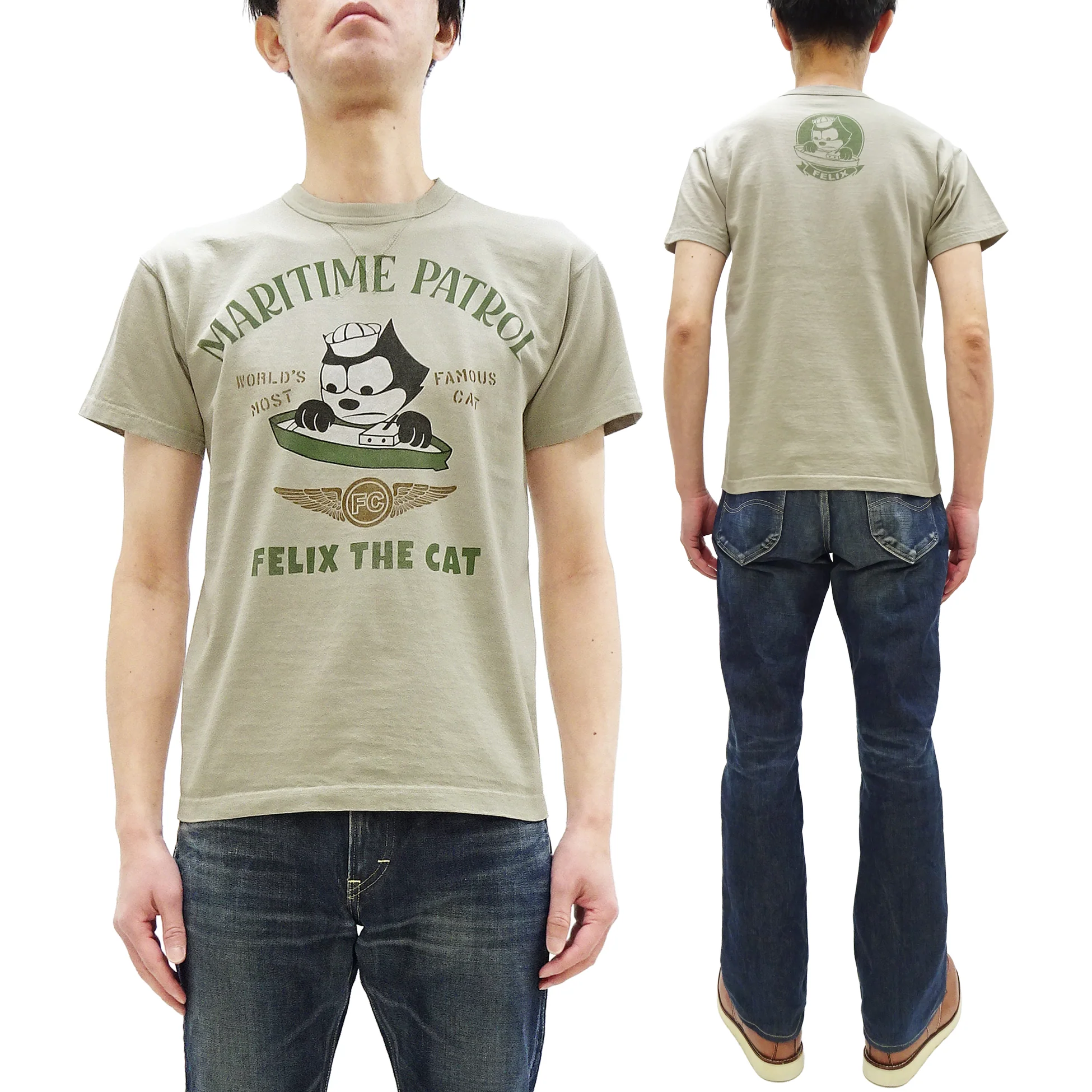 TOYS McCOY Men's Felix the Cat U.S. Navy Graphic Short Sleeve T-Shirt - Loopwheel Tubular Jersey, Garment Dyed, Made in Japan (TMC2601 041 Muted Sand Beige) - Image 5