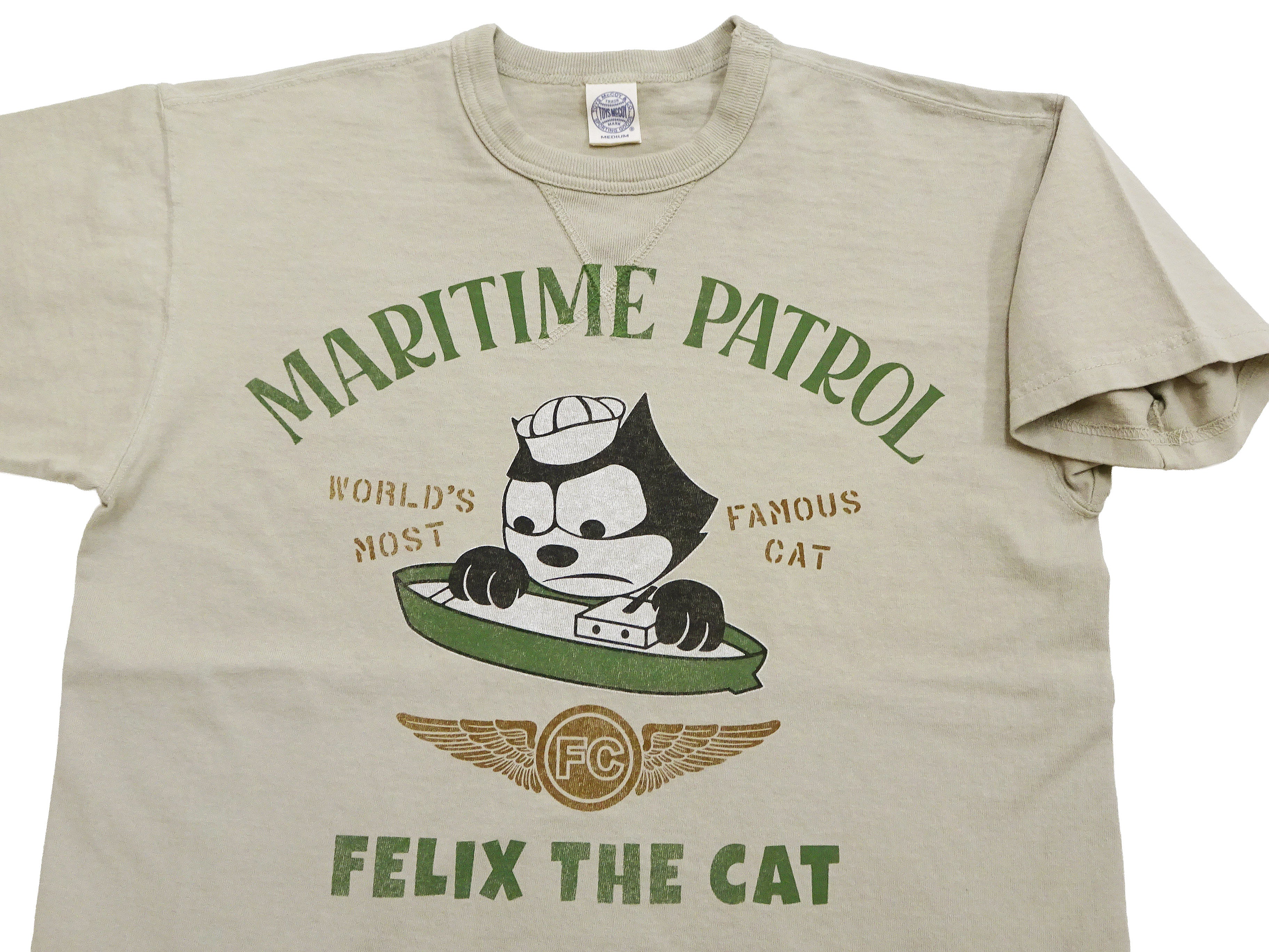 TOYS McCOY Men's Felix the Cat U.S. Navy Graphic Short Sleeve T-Shirt - Loopwheel Tubular Jersey, Garment Dyed, Made in Japan (TMC2601 041 Muted Sand Beige) - Image 7