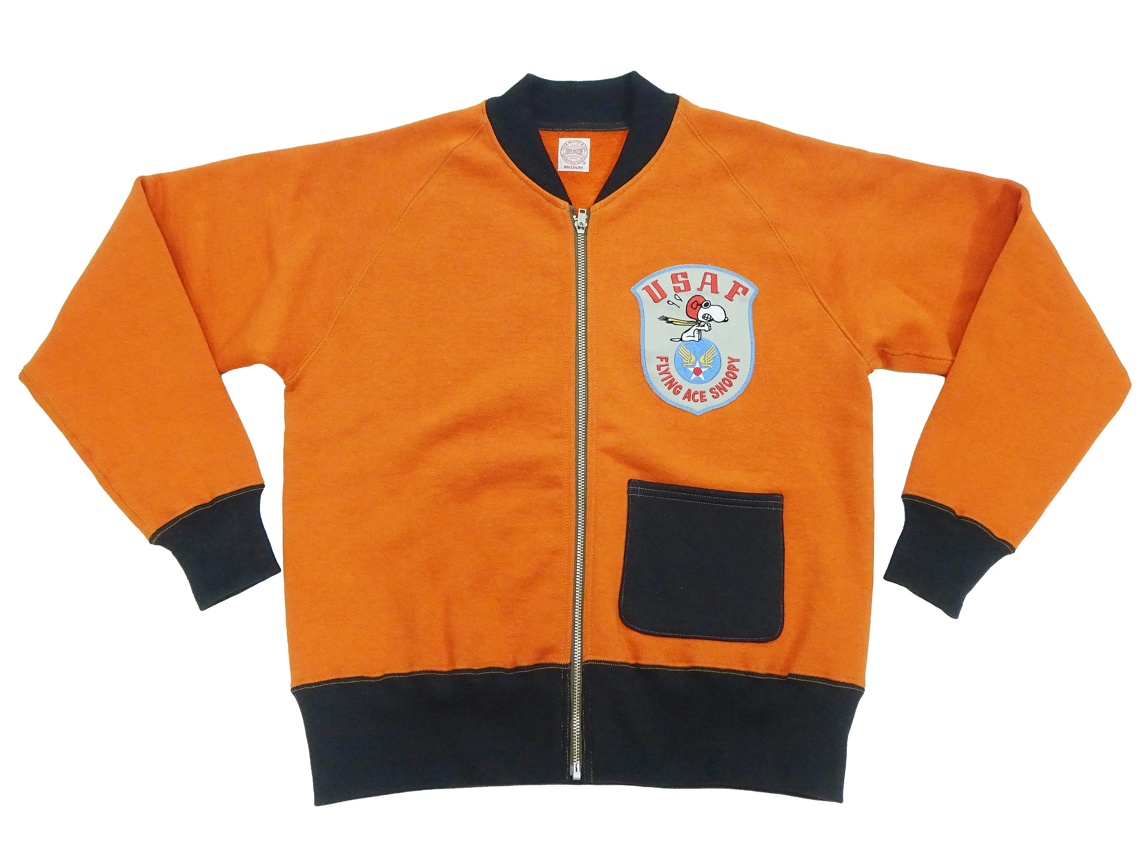 TOYS McCOY Men's Flying Ace Snoopy Zip-Up Sweatshirt - USAF C-2 Inspired, No Hood, Heavyweight 100% Cotton Loopwheel Fleece, Two-Tone Contrast Panel Design - Made in Japan (TMC2551 070 orange and black) - Image 6